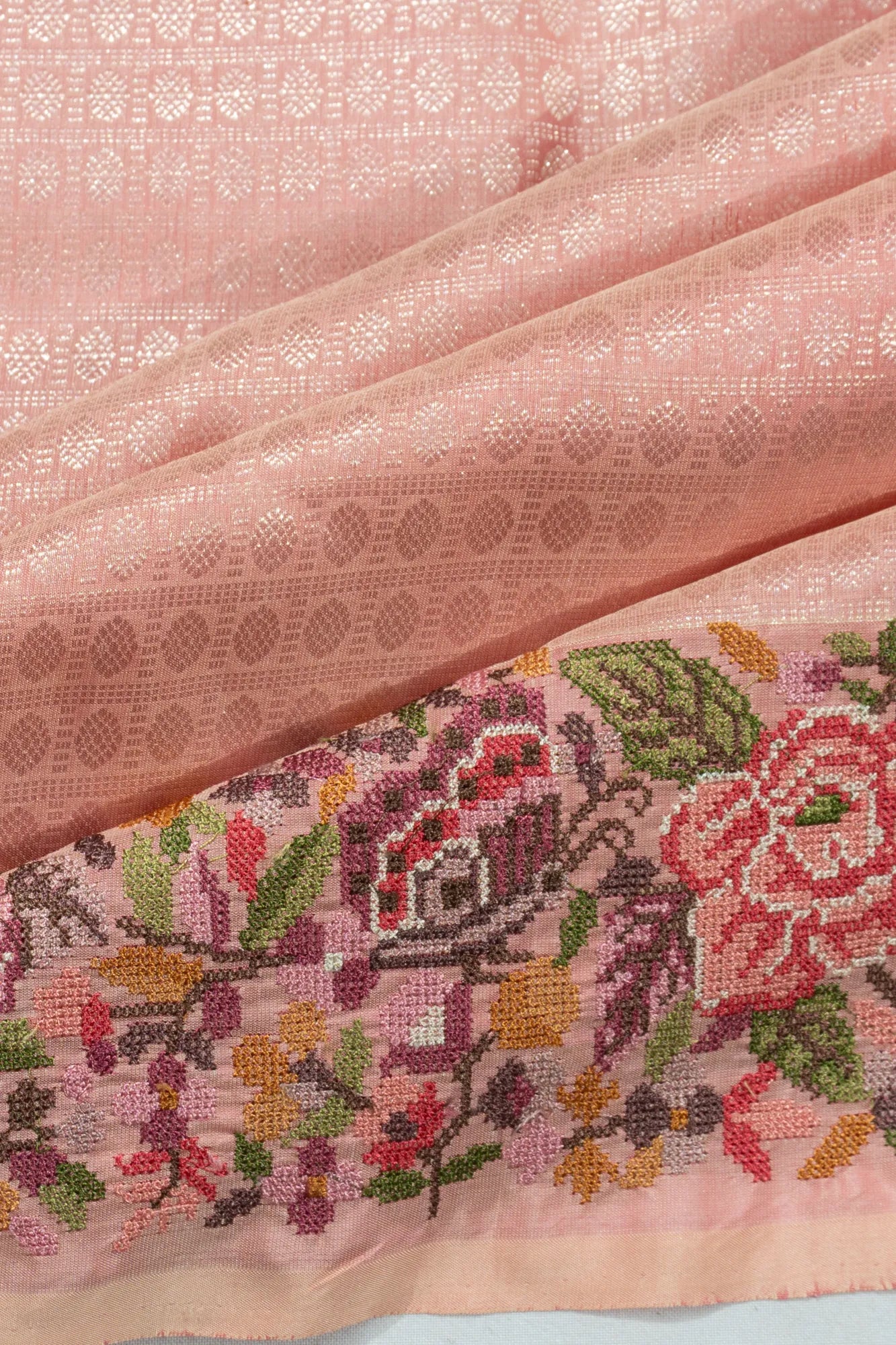 Kanchipuram Silk Checks And Butta Baby Pink Saree With Embroidery Border