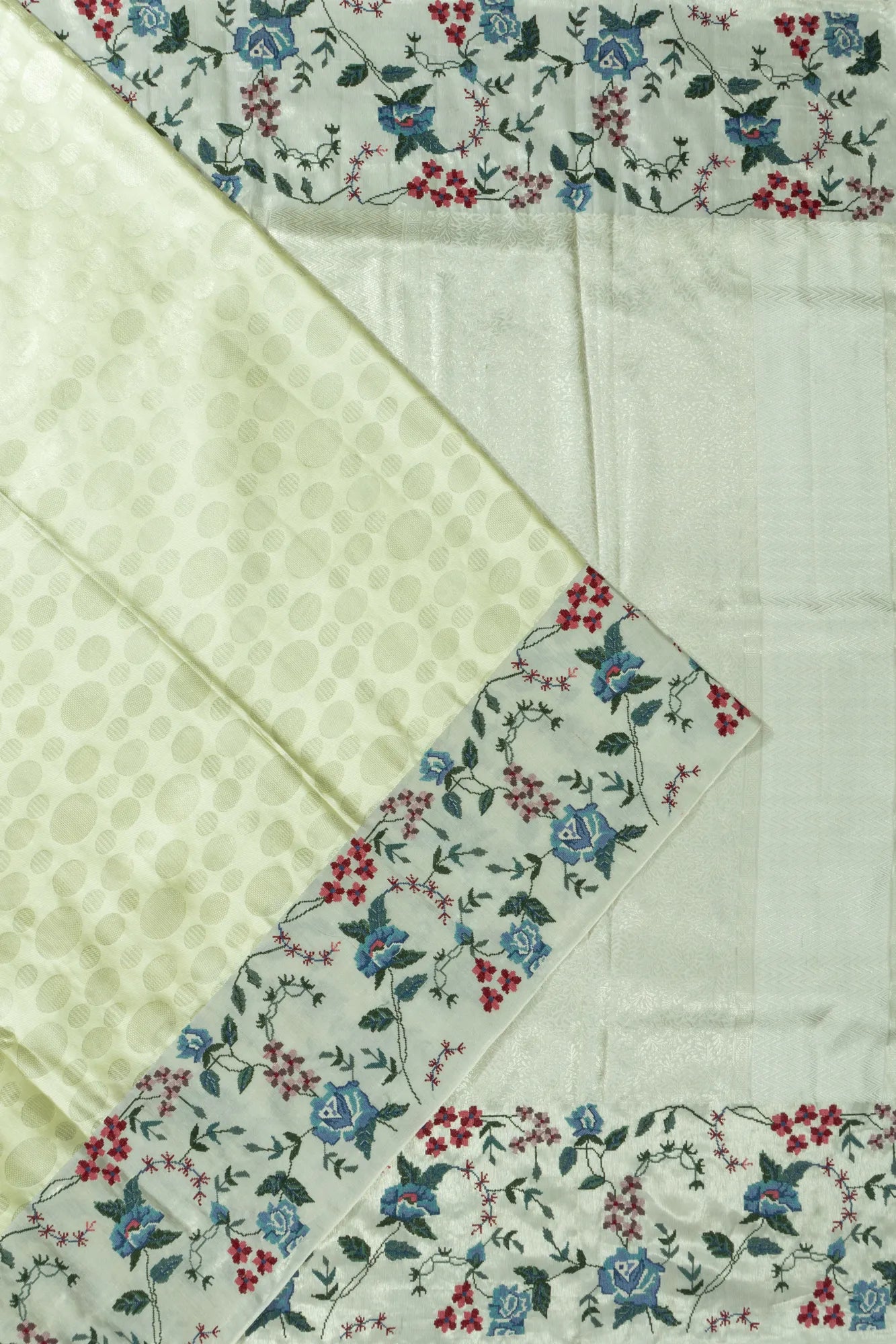 Banarasi Satin Polka Dot Butta Pastel Green Saree With Embroidery Border