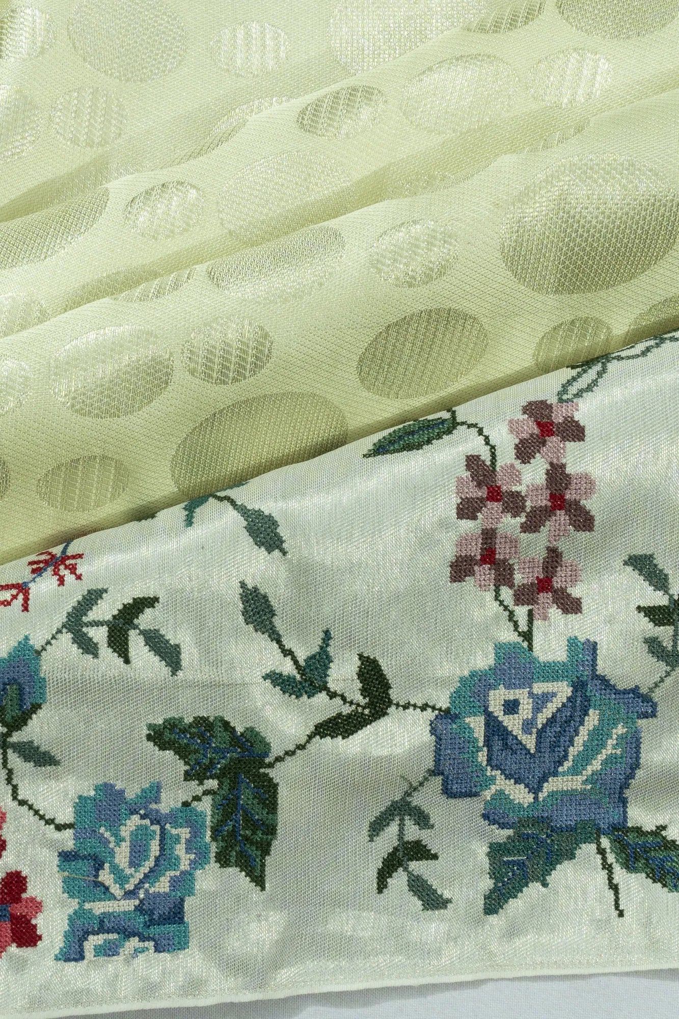 Banarasi Satin Polka Dot Butta Pastel Green Saree With Embroidery Border