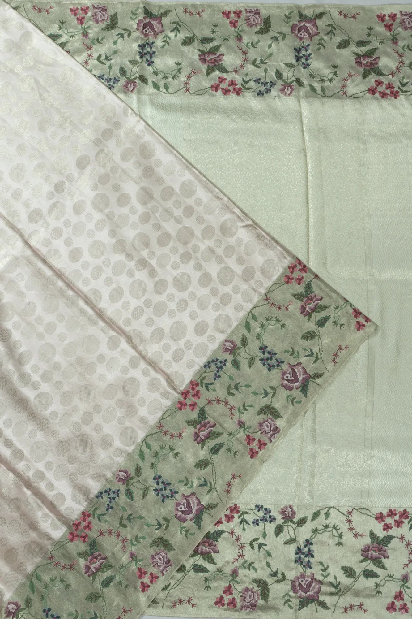 Banarasi Satin Polka Dot Butta White Saree With Embroidery Border