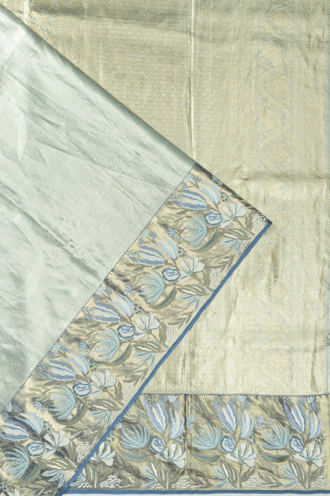 Kanchipuram Silk Tissue Diagonal Lines Pastel Blue Saree With Embroidery Border