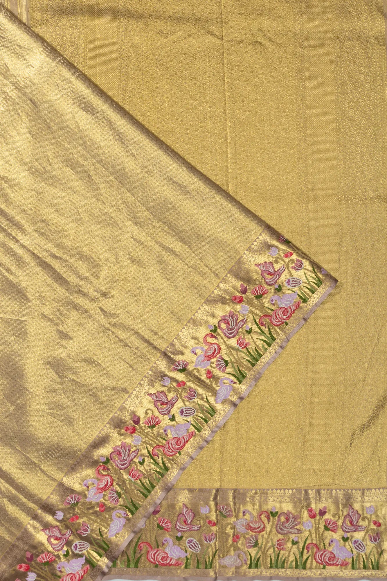 Kanchipuram Silk Tissue Brocade Gold Saree With Embroidery Border