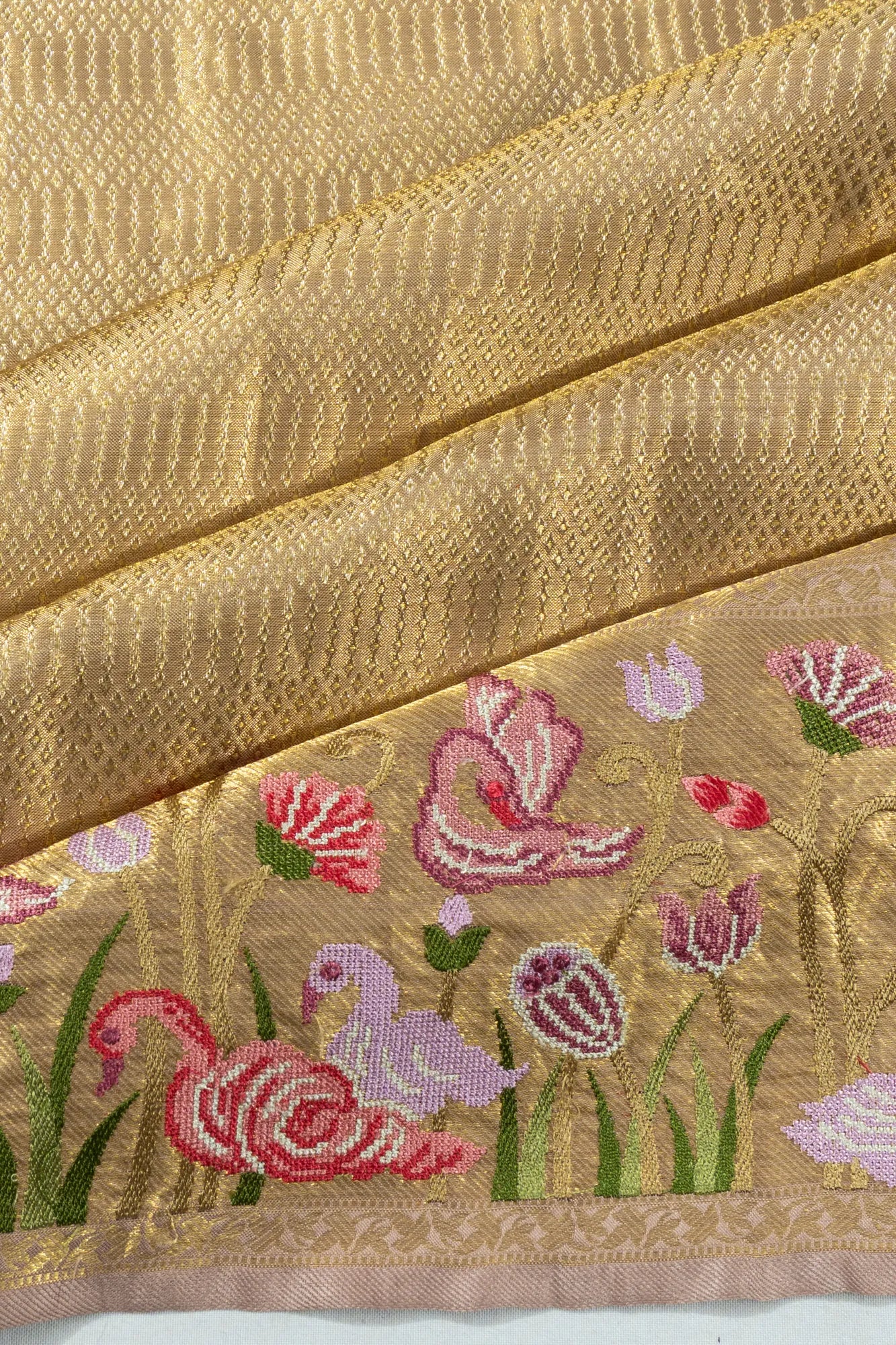 Kanchipuram Silk Tissue Brocade Gold Saree With Embroidery Border