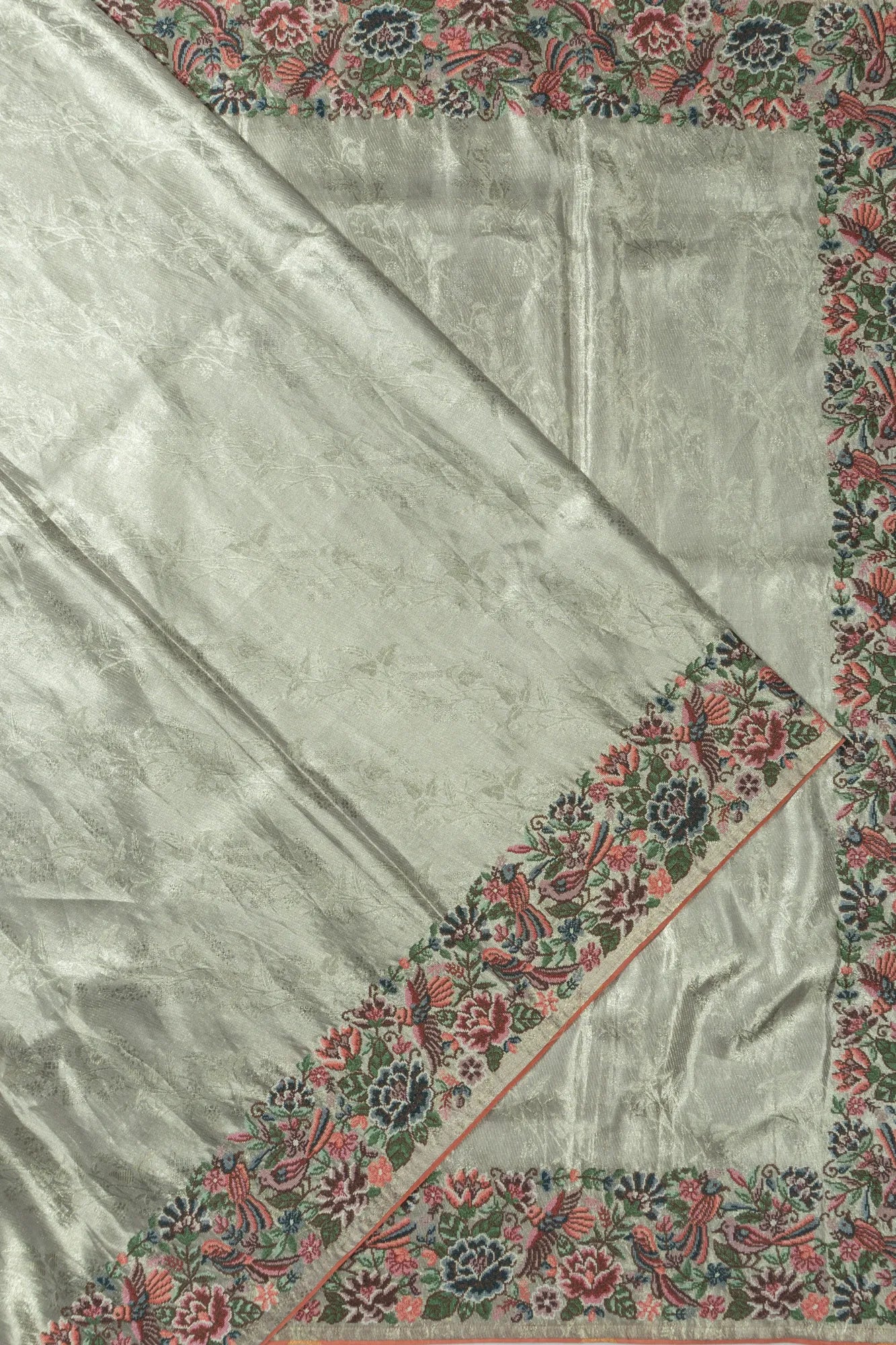 Kanchipuram Silk Tissue Jaal Silver Saree With Embroidery Border