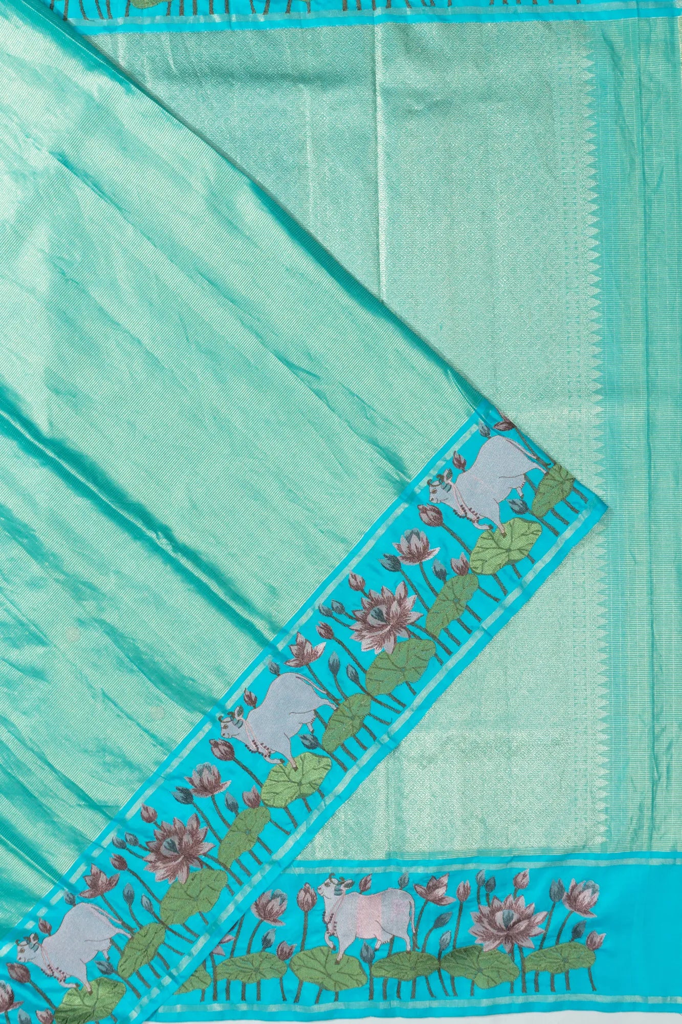 Kanchipuram Silk Horizontal Lines SKy Blue Saree With Pichwai Embroidery Border