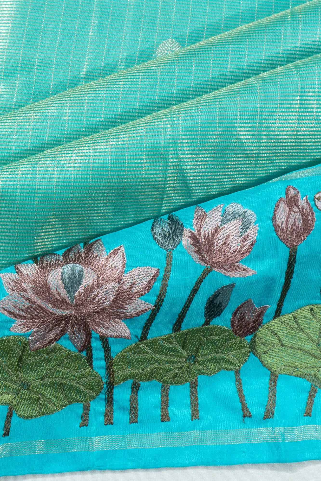 Kanchipuram Silk Horizontal Lines SKy Blue Saree With Pichwai Embroidery Border