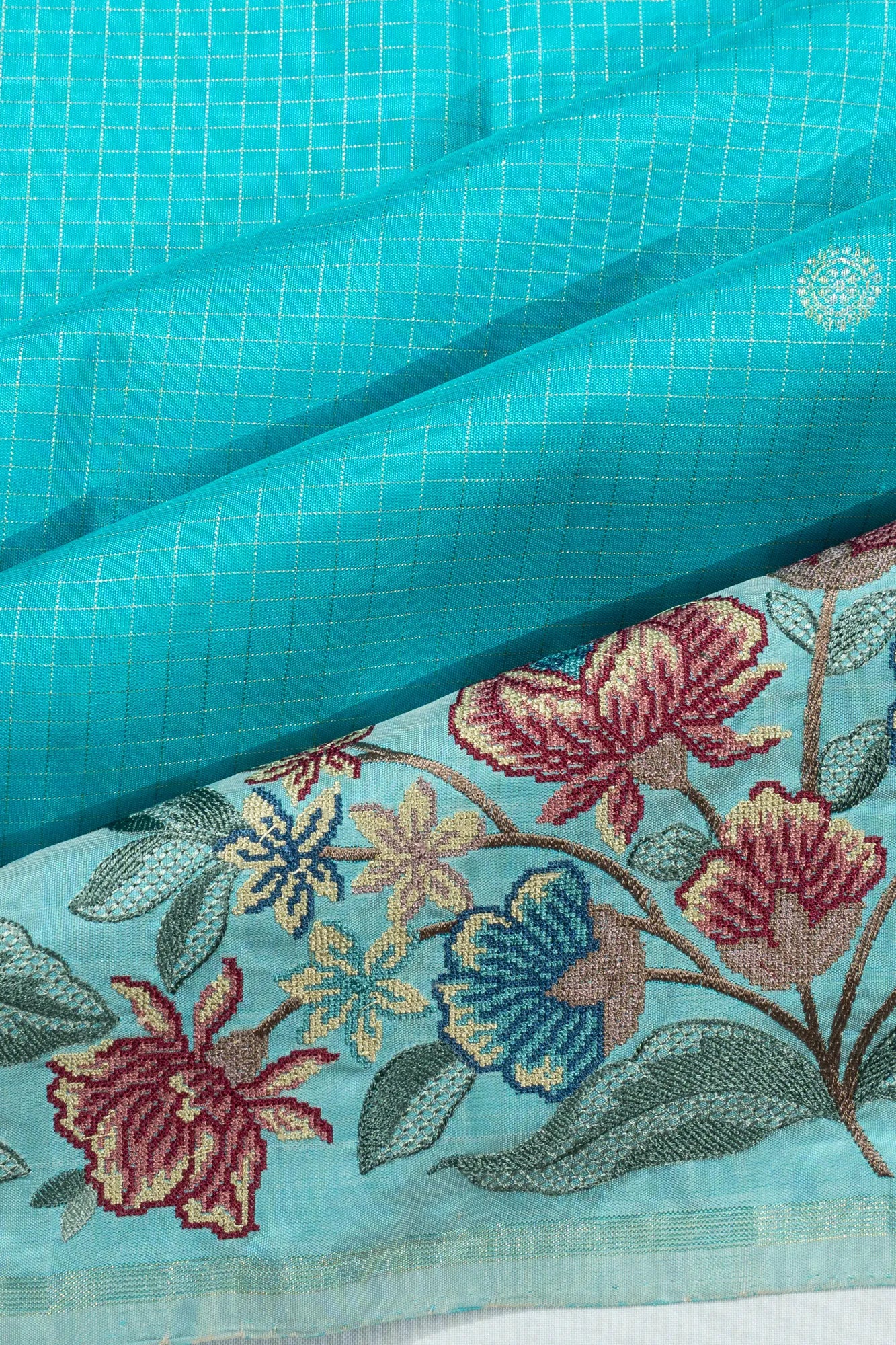Kanchipuram Silk Checks And Butta Sky Blue Saree With Embroidery Border