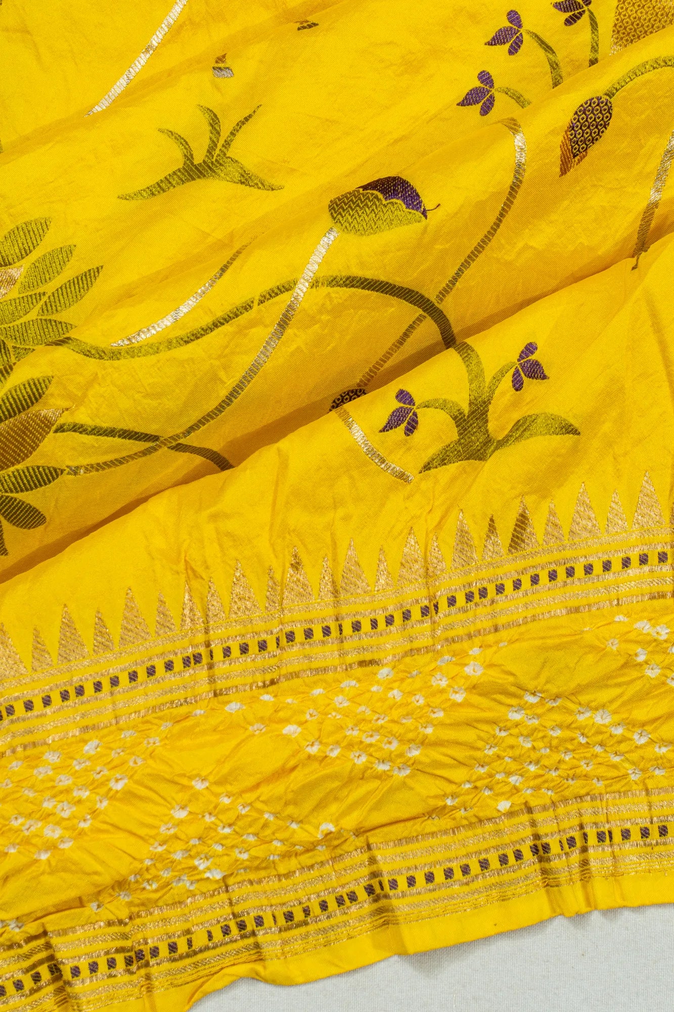 Banarasi Mashru Silk Bandhani Jaal Yellow Saree