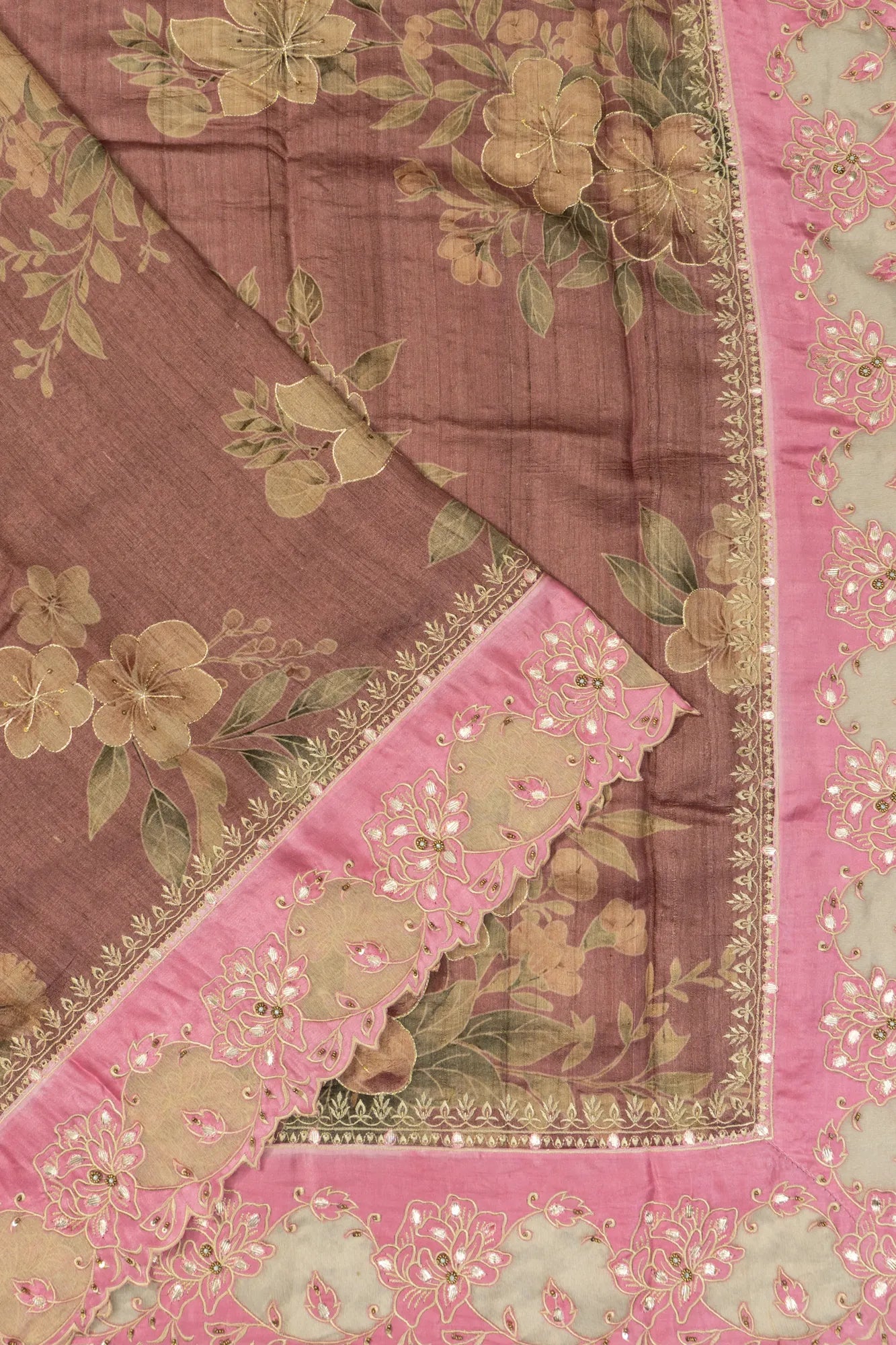 Tussar Floral Printed Lilac Saree With Embroidery Outlined
