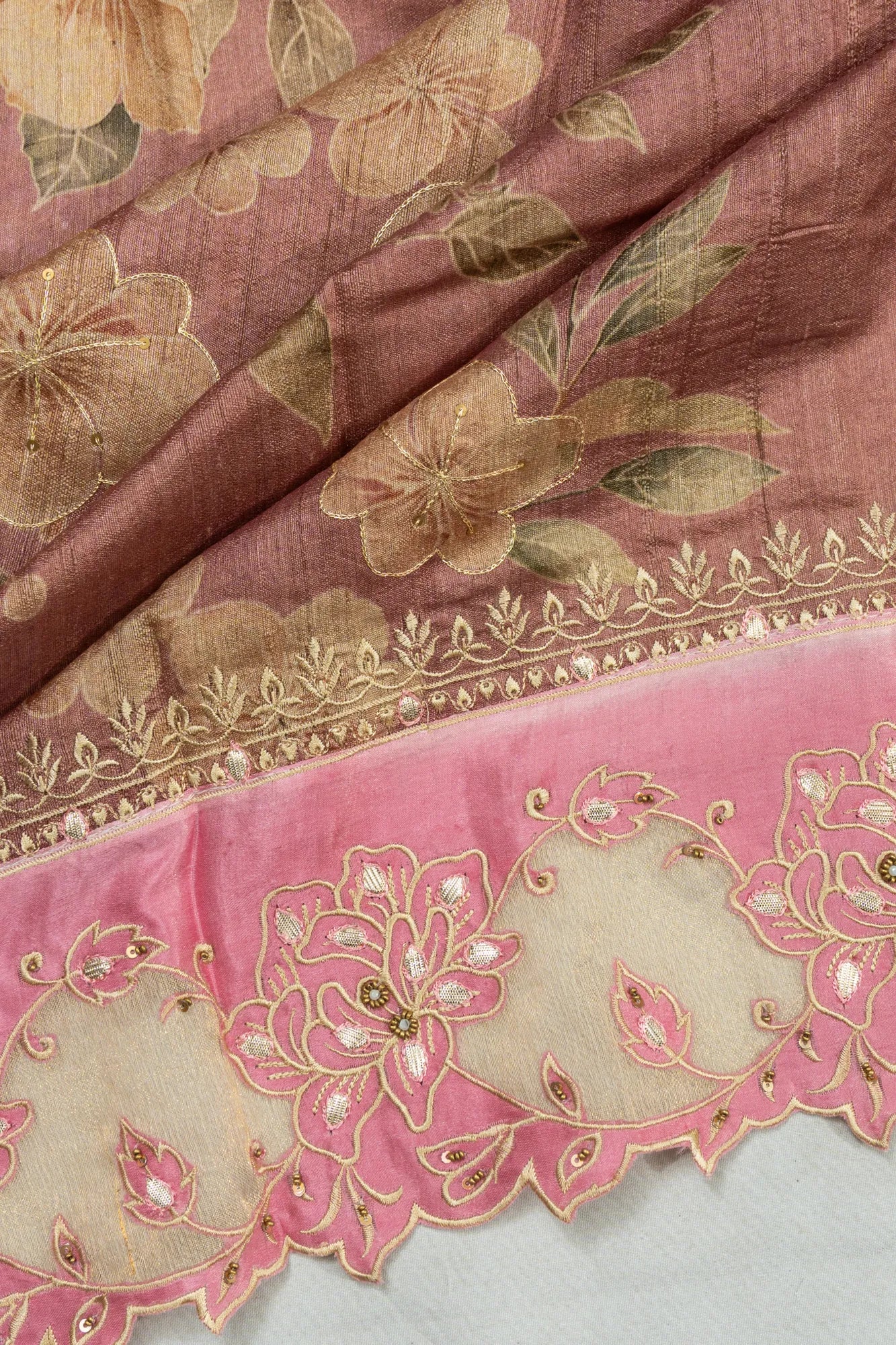 Tussar Floral Printed Lilac Saree With Embroidery Outlined