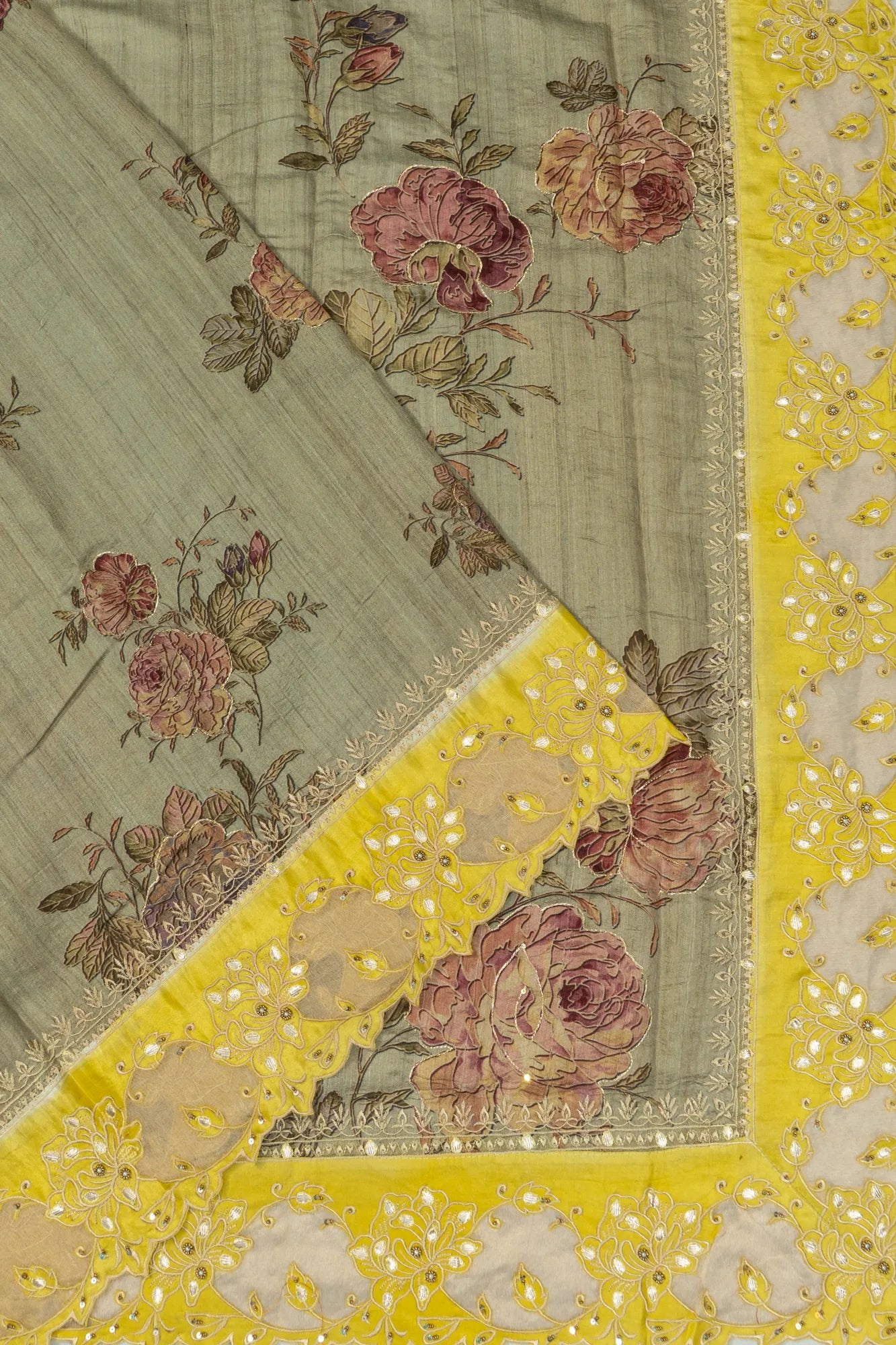 Tussar Floral Printed Grey Saree With Embroidery Outlined