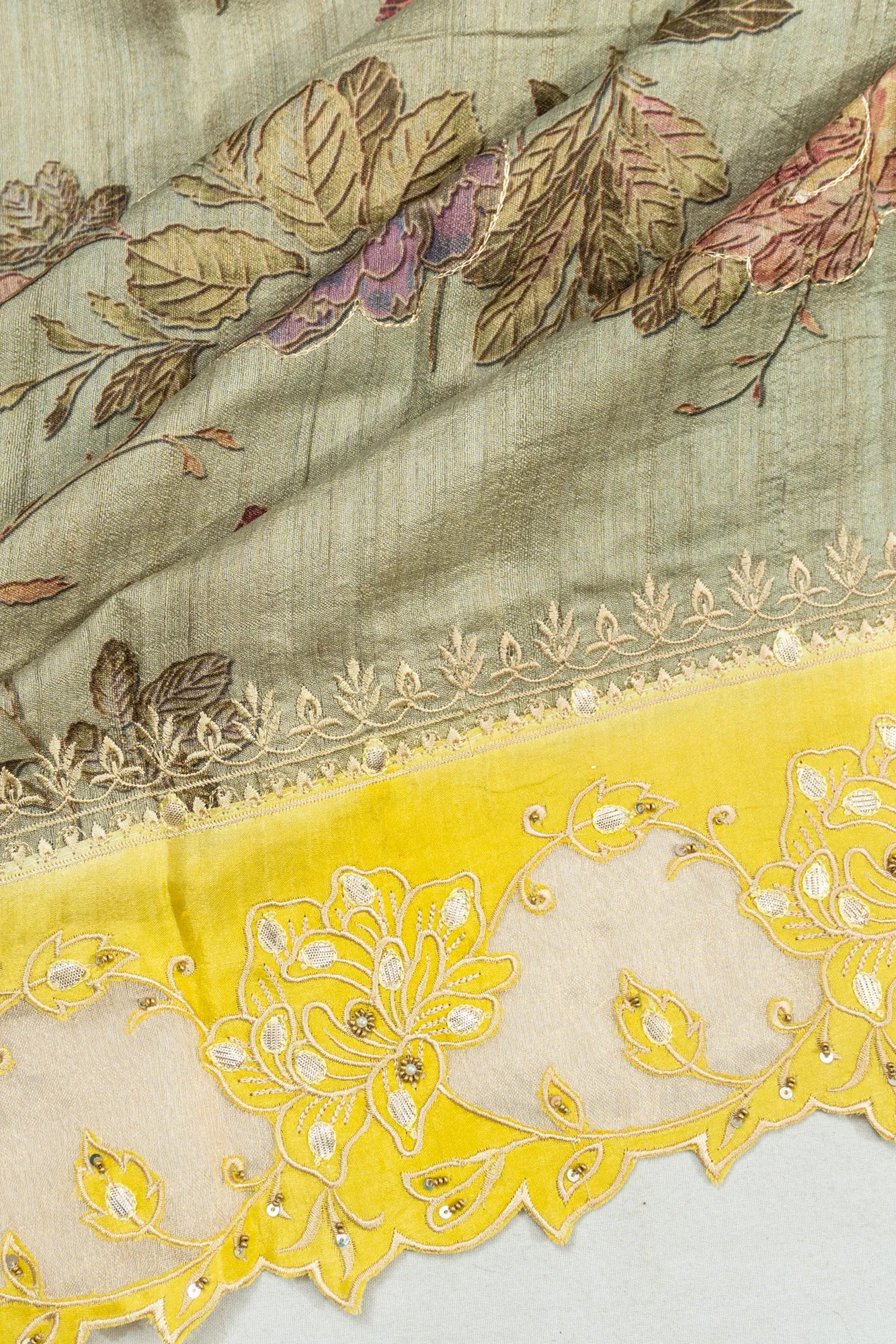 Tussar Floral Printed Grey Saree With Embroidery Outlined