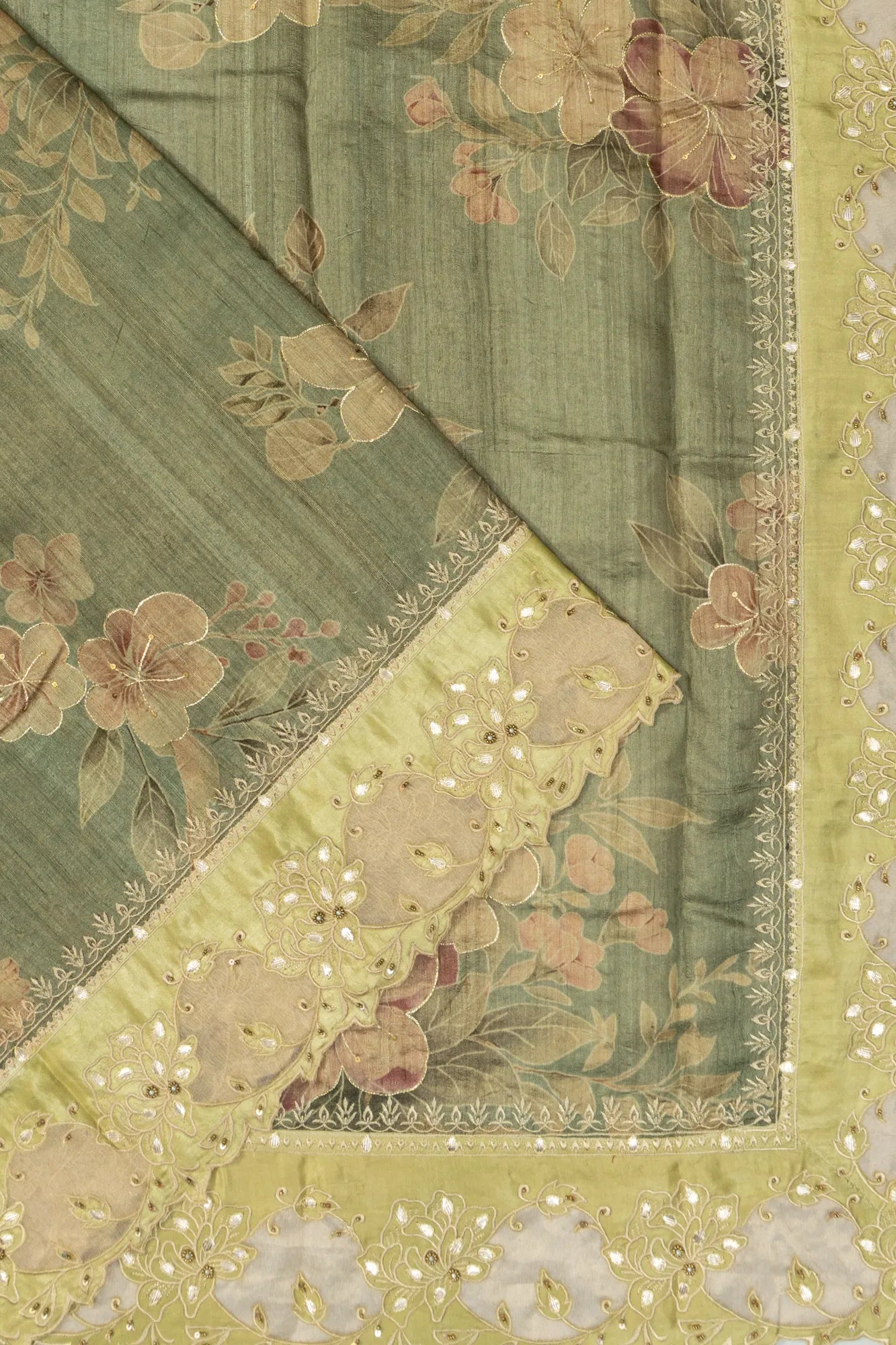 Tussar Floral Printed Grey Saree With Embroidery Outlined