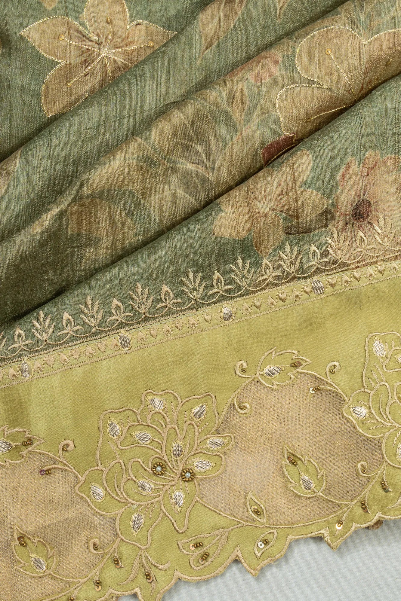 Tussar Floral Printed Grey Saree With Embroidery Outlined