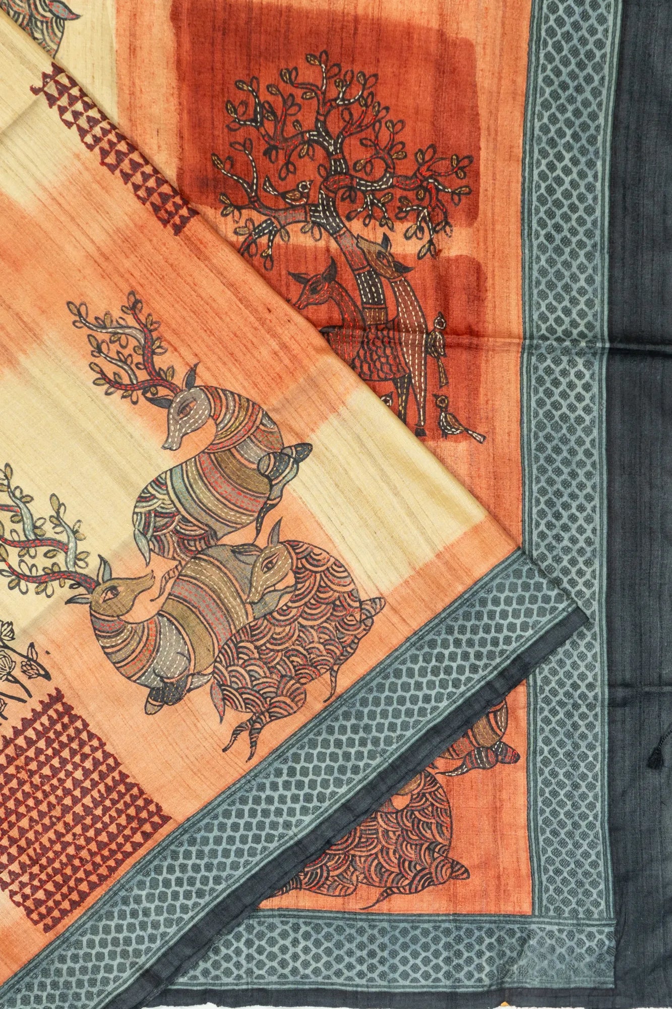 Tussar Block Printed And Kantha Work Brown Saree