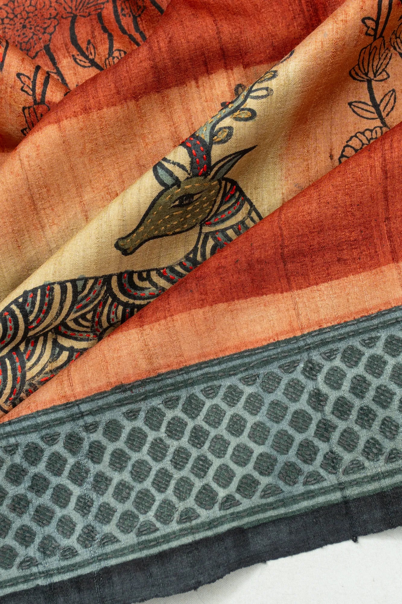 Tussar Block Printed And Kantha Work Brown Saree