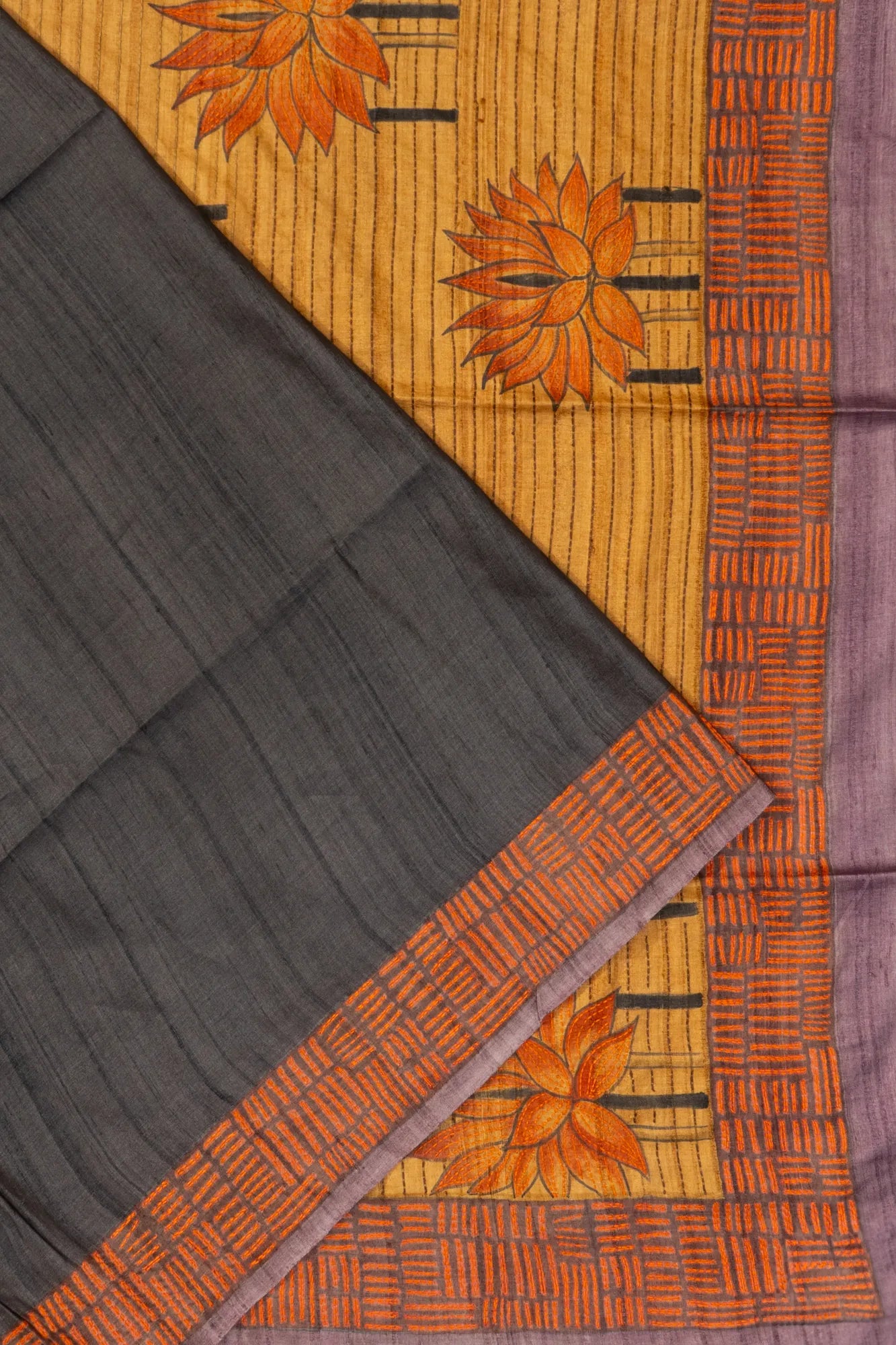 Tussar Plain Black Saree With Kantha Work