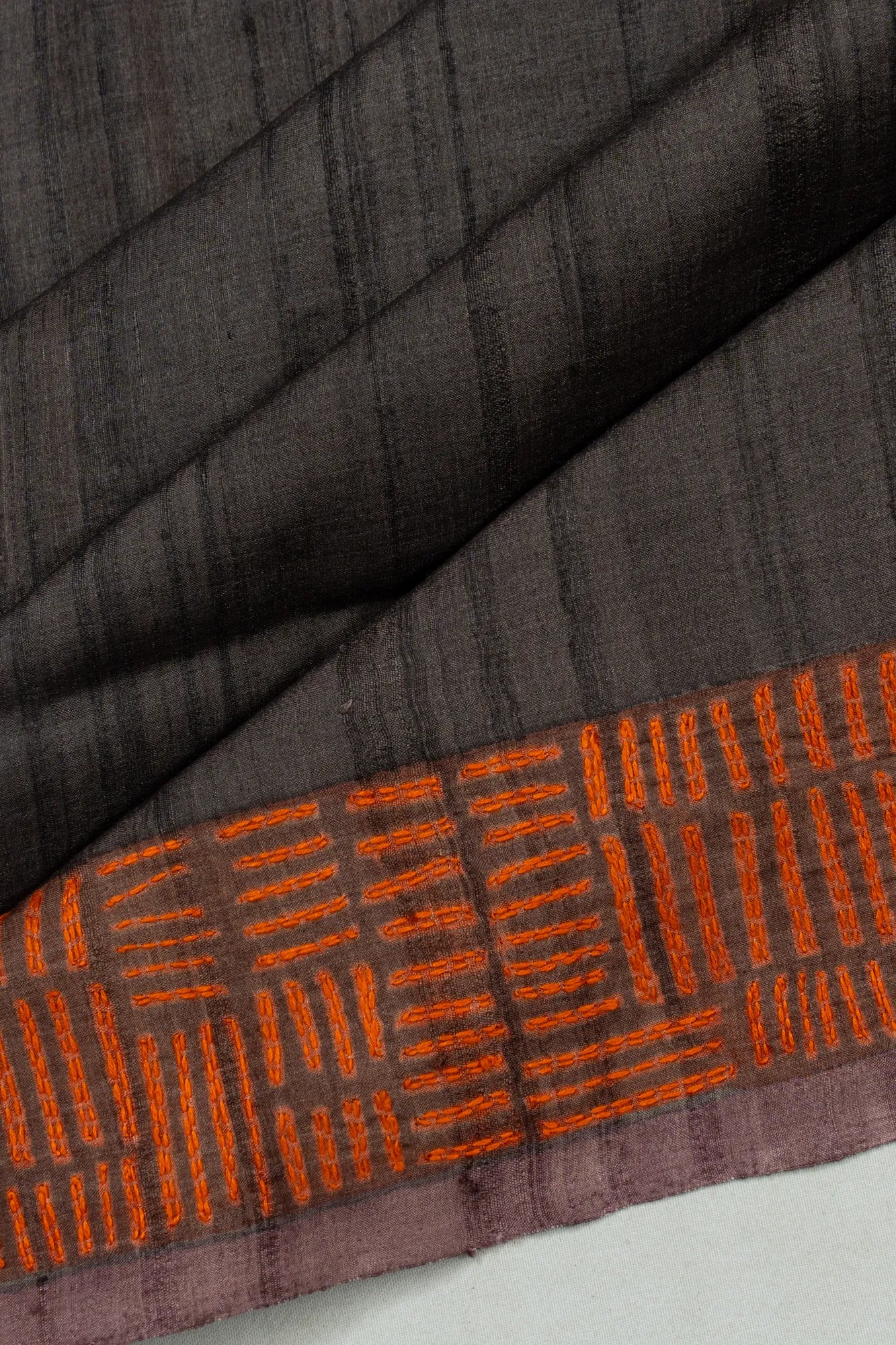 Tussar Plain Black Saree With Kantha Work