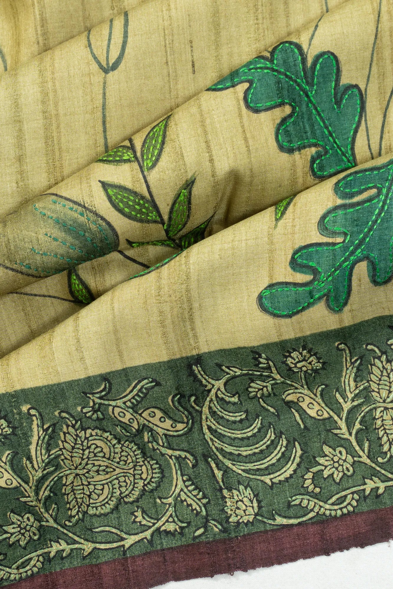 Tussar Printed With Kantha Work Pastel Green Saree With Batik Printed Border