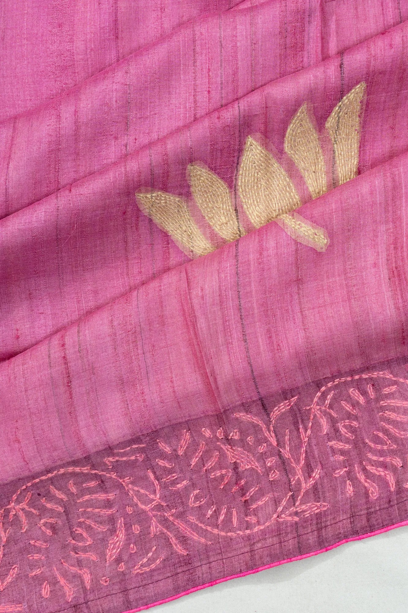 Tussar Batik Printed Pink Saree With Kantha Embroidery Border