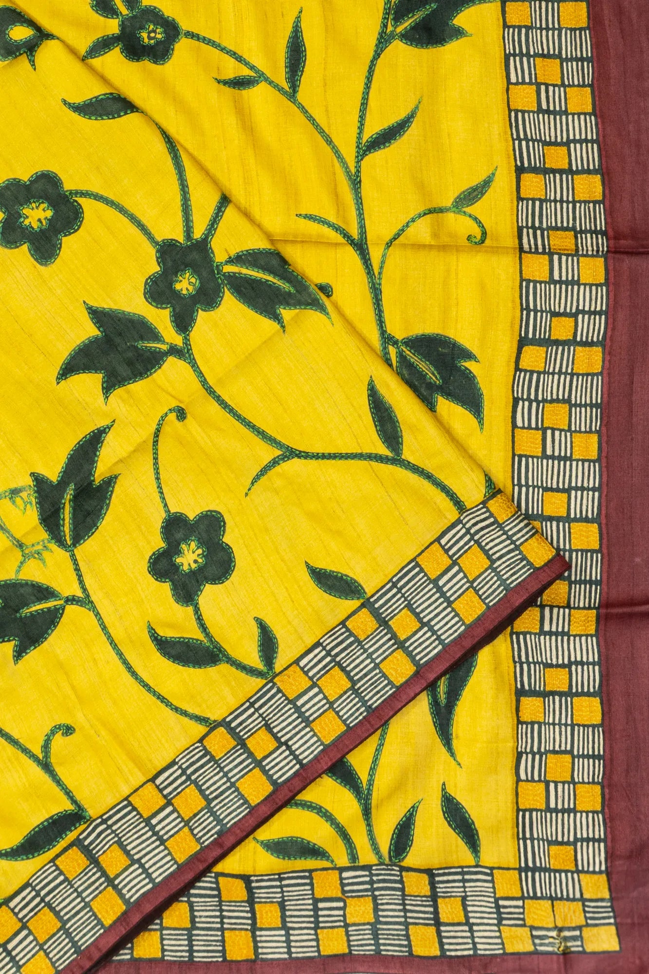 Tussar Floral Printed With Kantha Work Lemon Yellow Saree