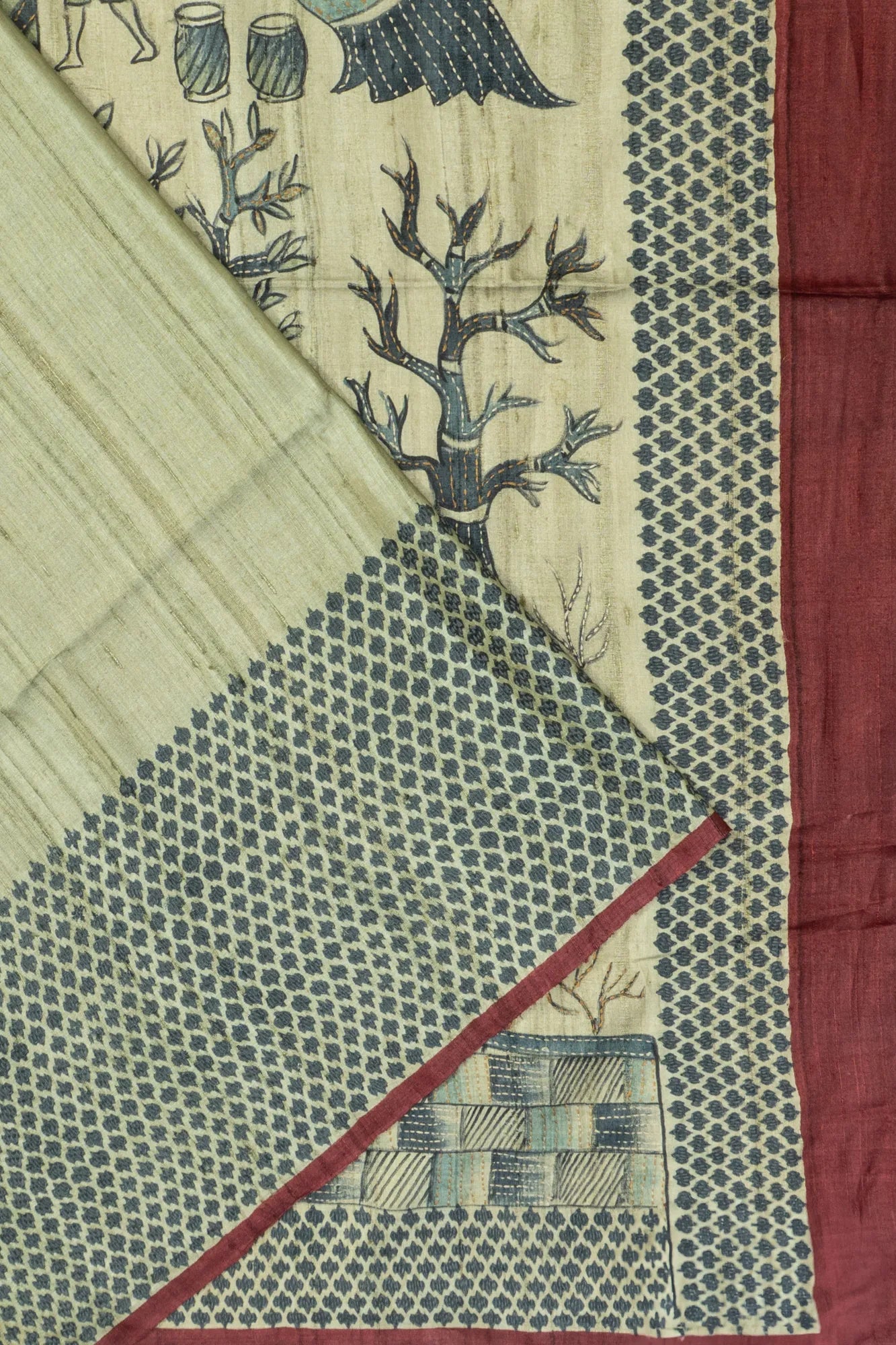 Tussar Printed With Kantha Work Pastel Green Saree