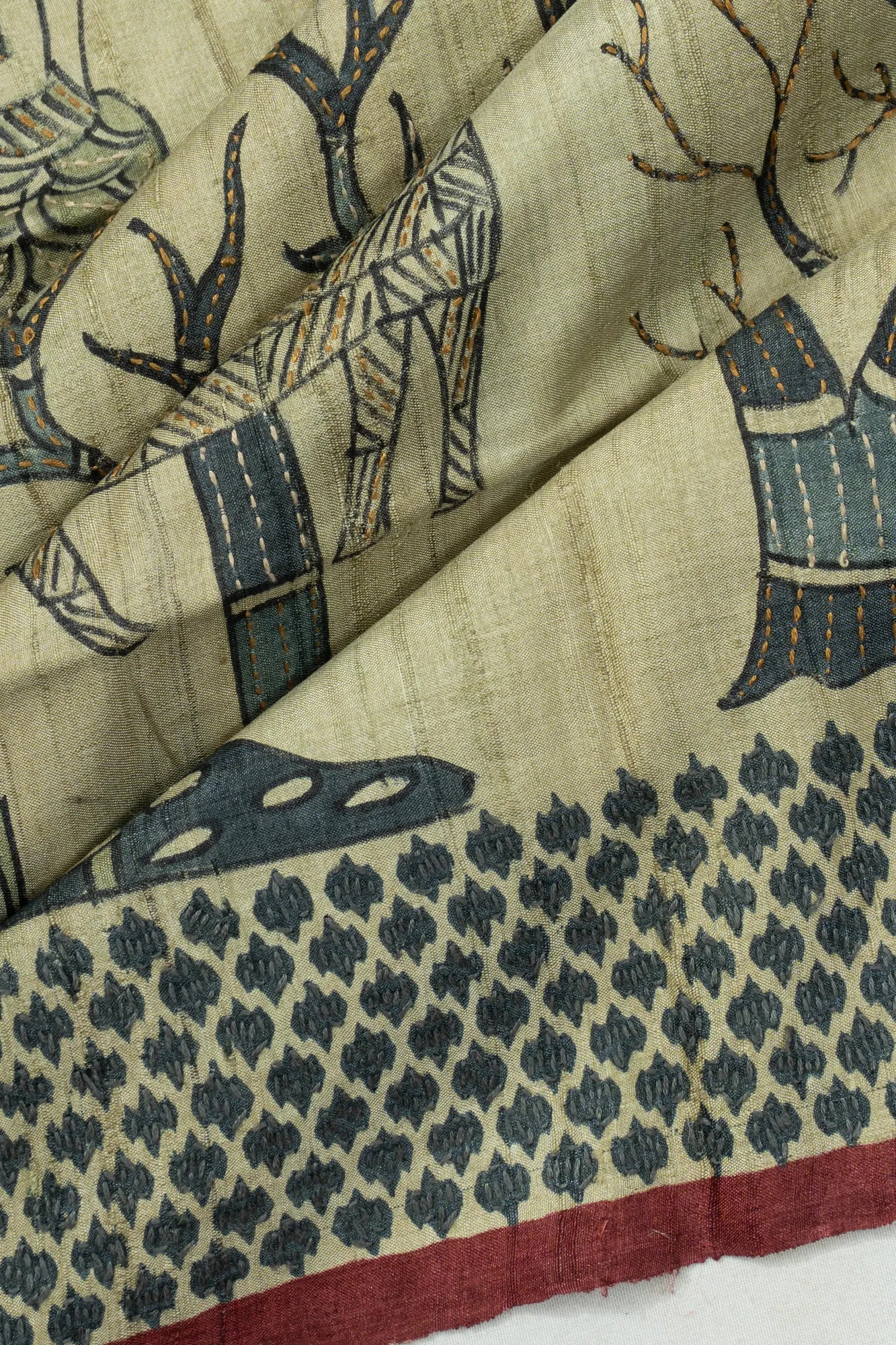 Tussar Printed With Kantha Work Pastel Green Saree