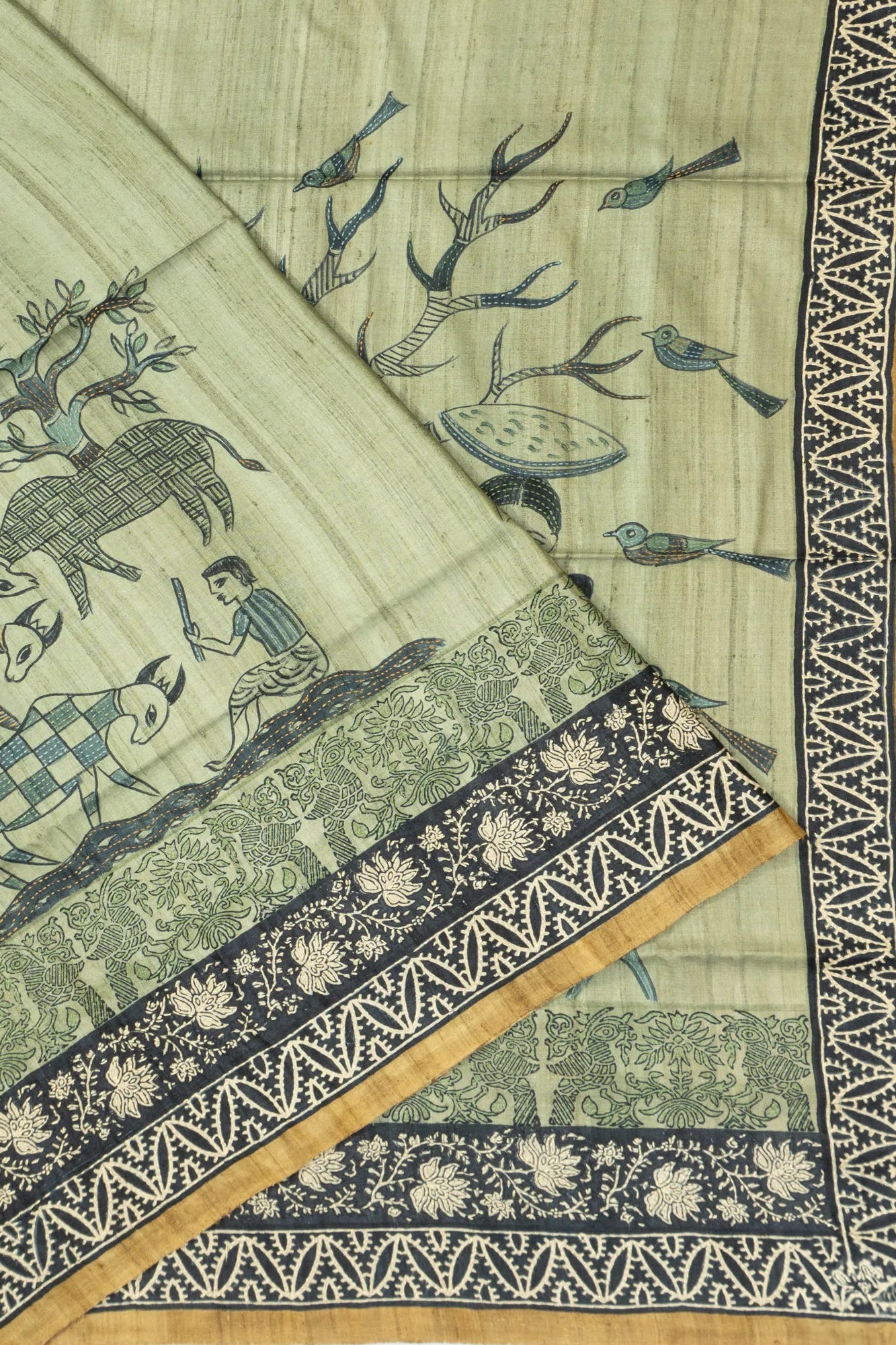 Tussar Plain Pastel Green Saree With Printed And Kantha Work