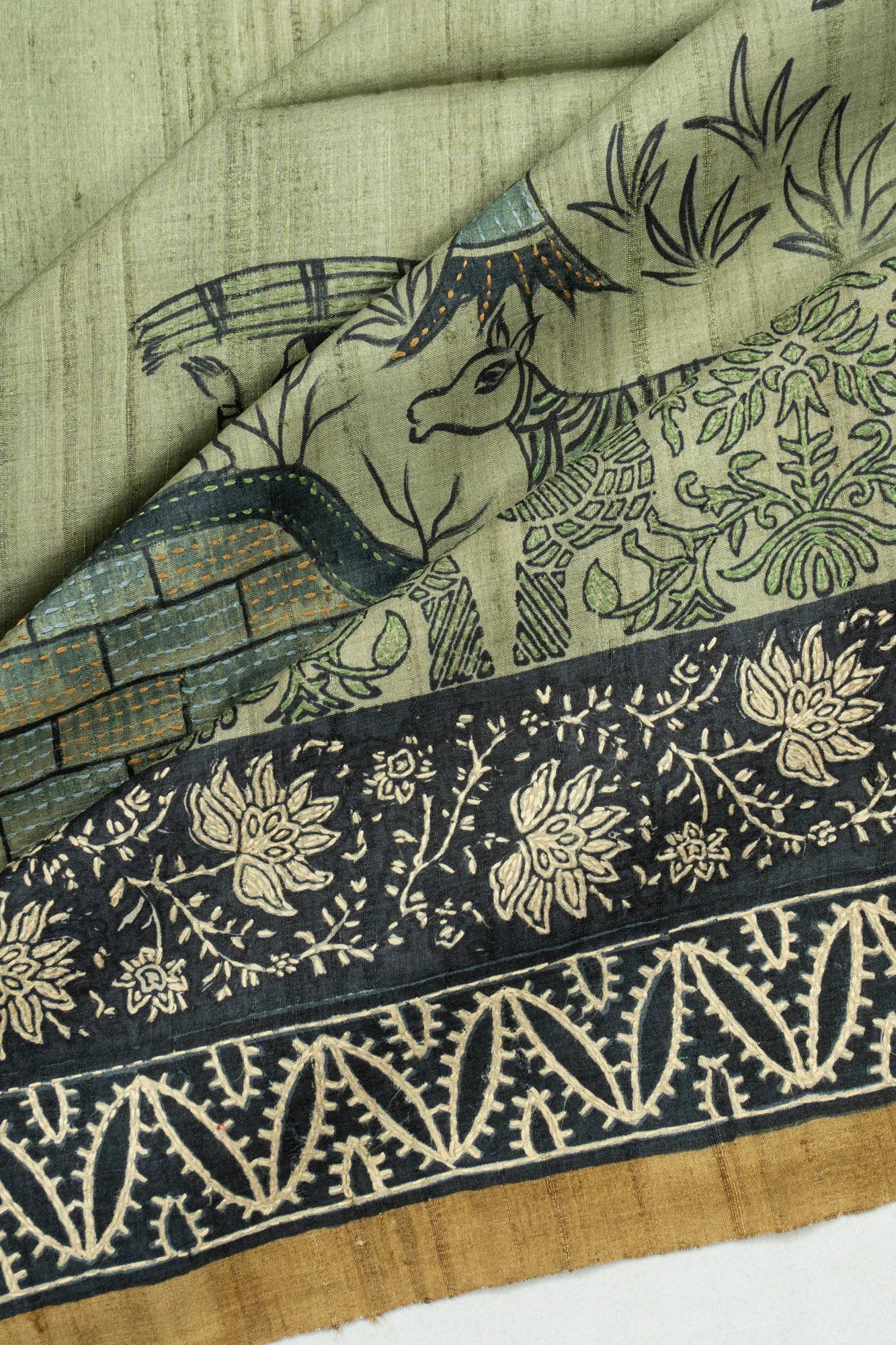 Tussar Plain Pastel Green Saree With Printed And Kantha Work