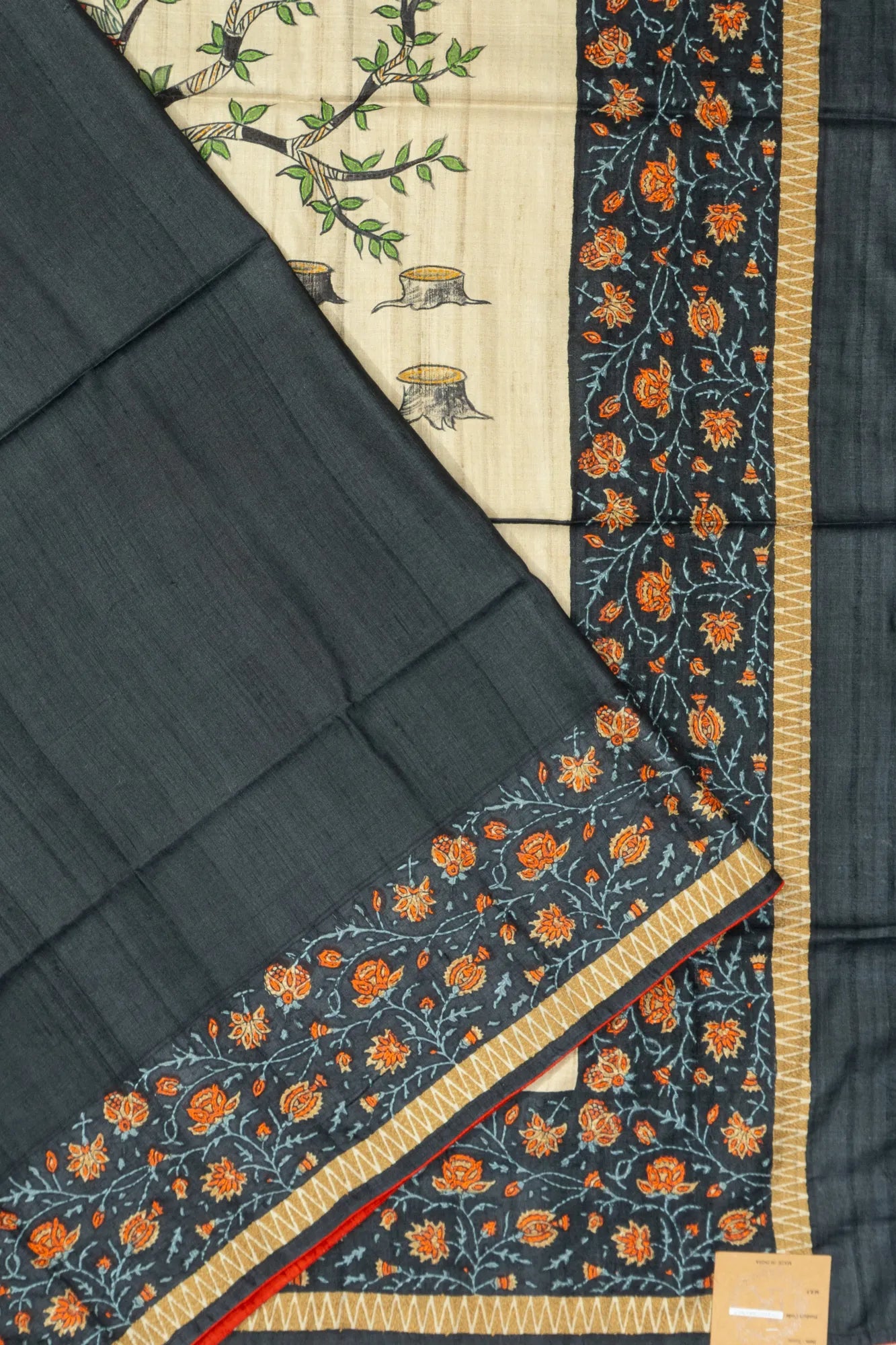Tussar Printed With Kantha Work Black Saree