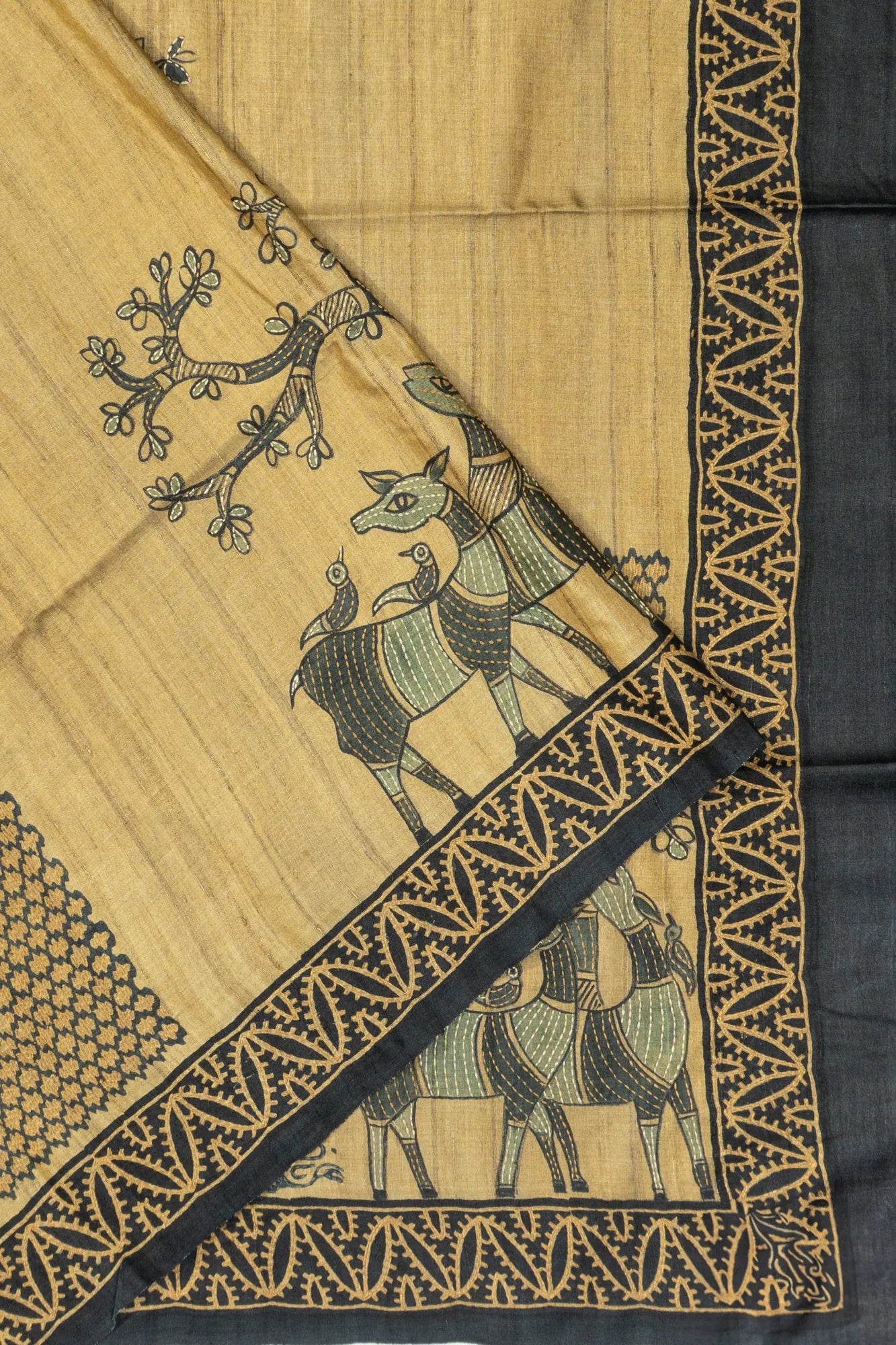 Tussar Printed With Kantha Work Cream Saree