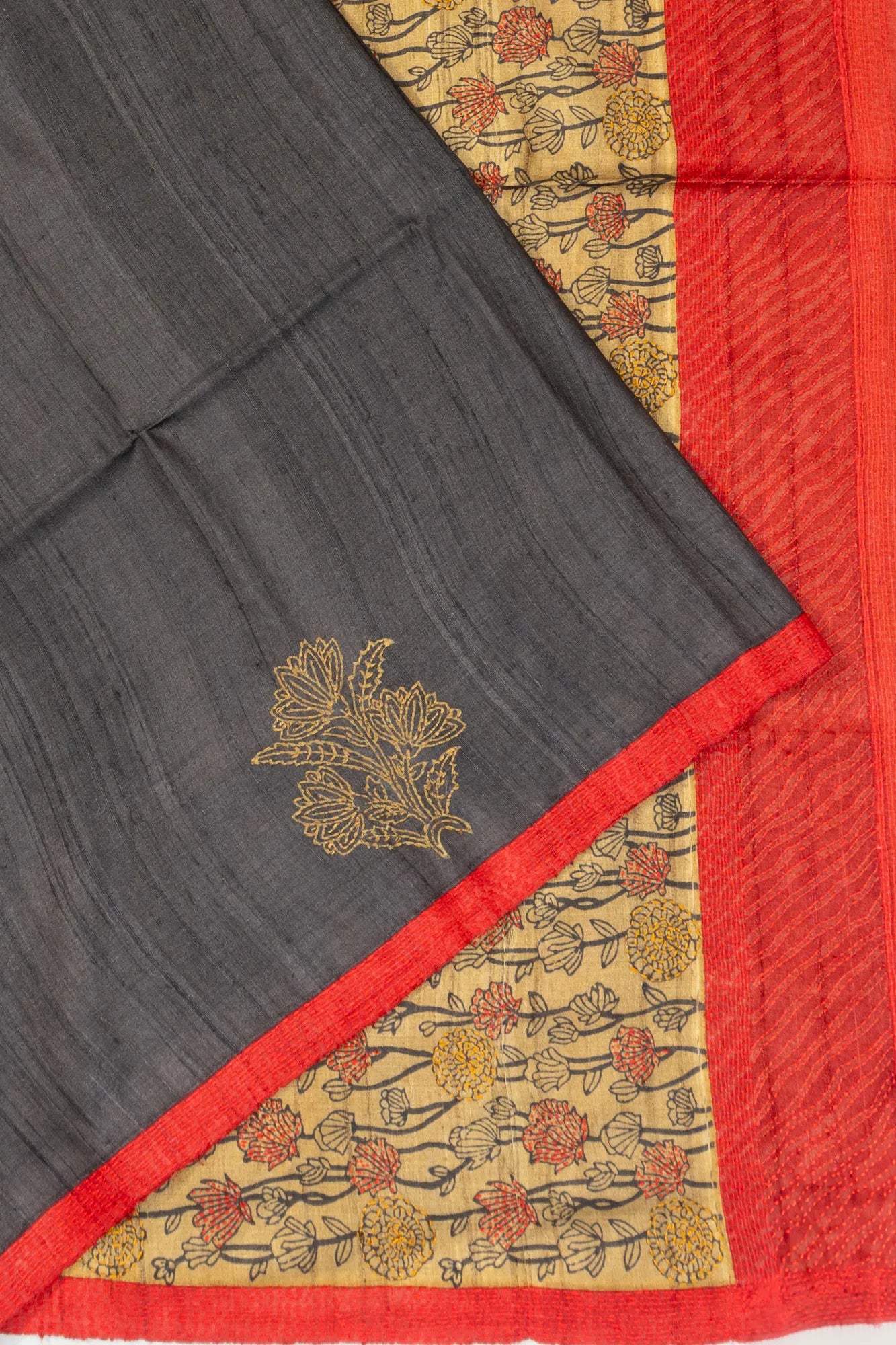 Tussar Kantha Work Butta Grey Saree