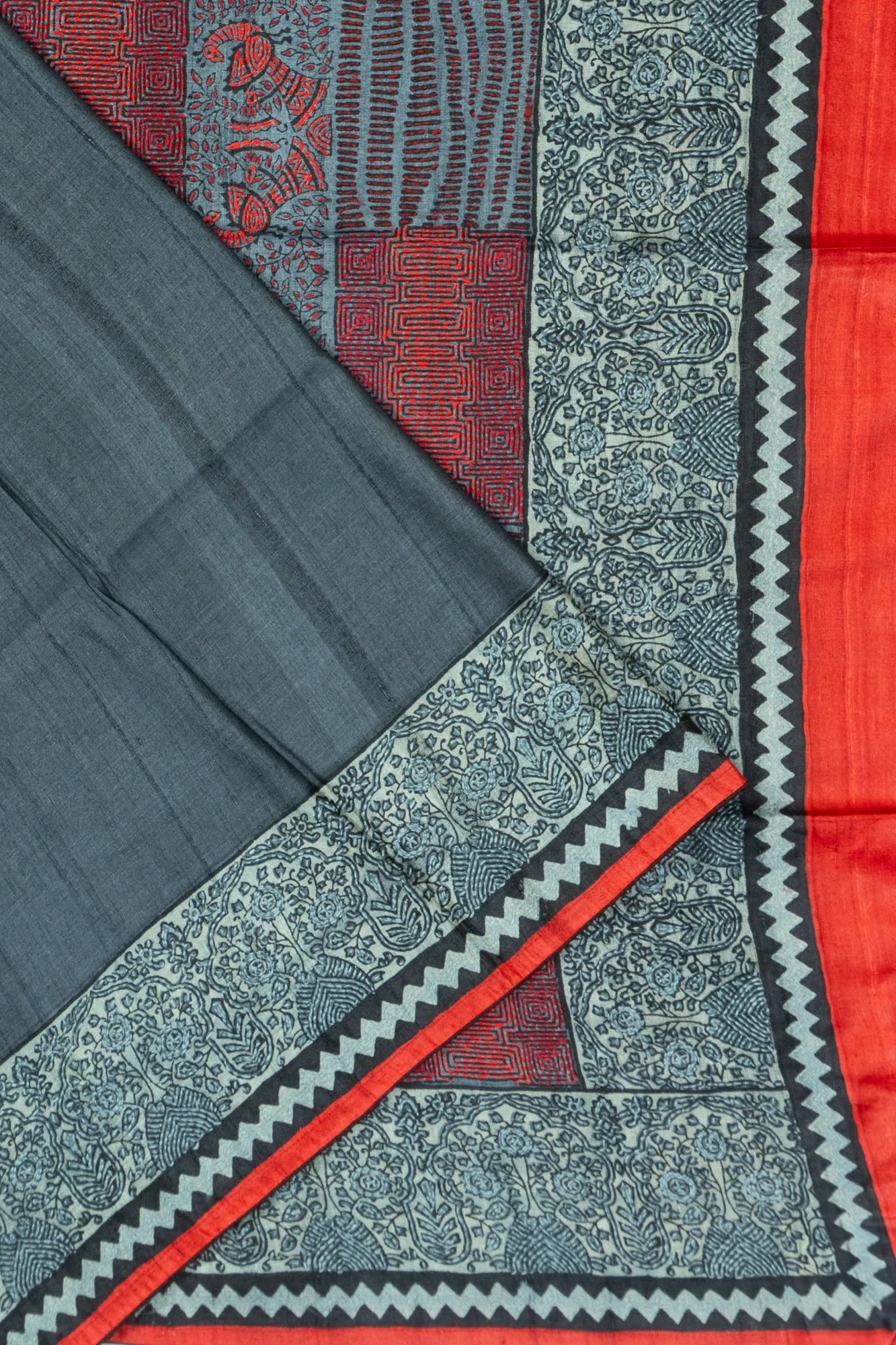 Tussar Plain Elephant Grey Saree With Kantha Work