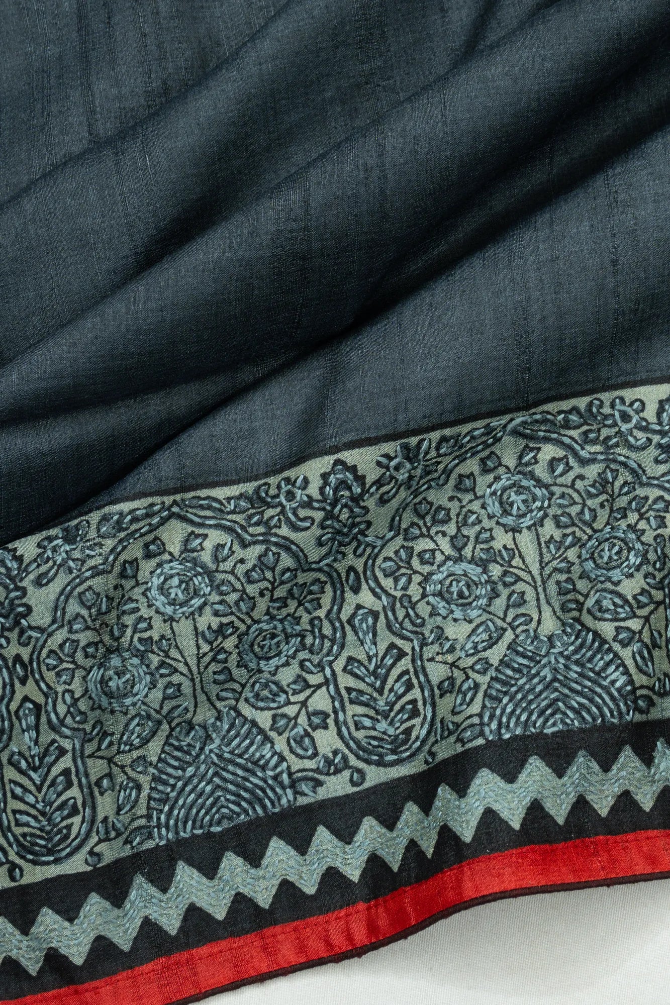 Tussar Plain Elephant Grey Saree With Kantha Work