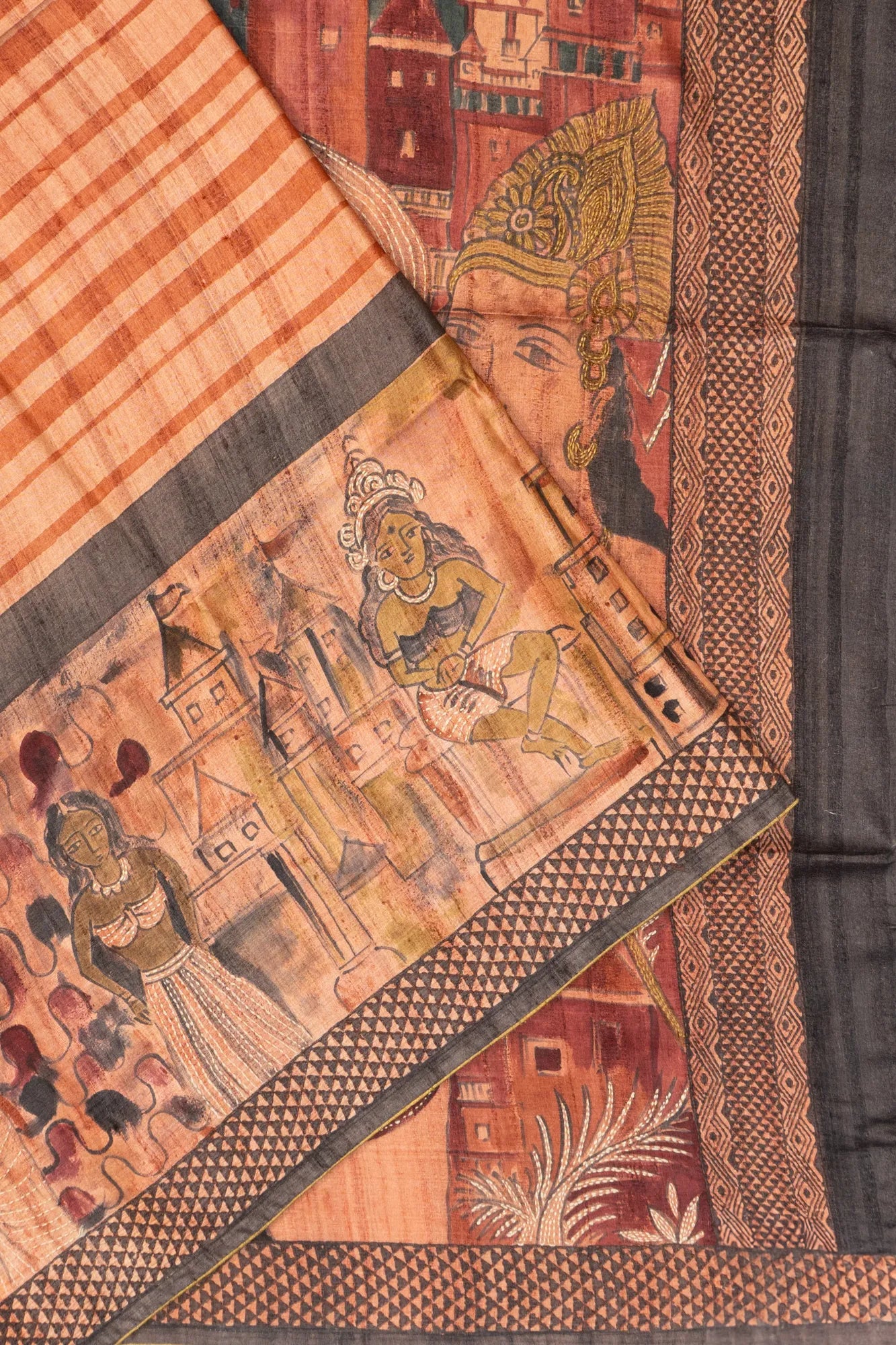 Tussar Lines Pastel Orange Saree With Block Printed And Kantha Work Border