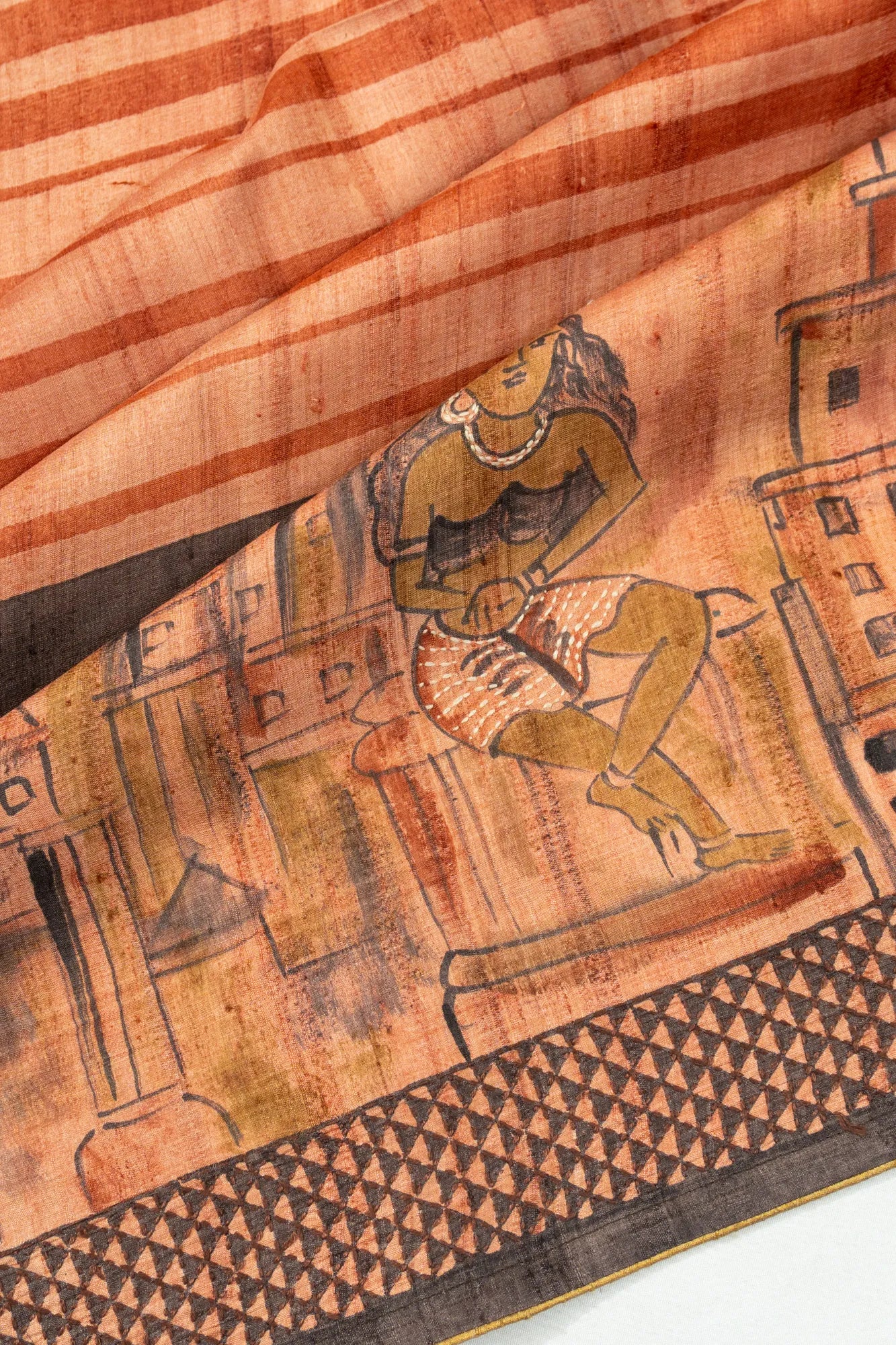 Tussar Lines Pastel Orange Saree With Block Printed And Kantha Work Border