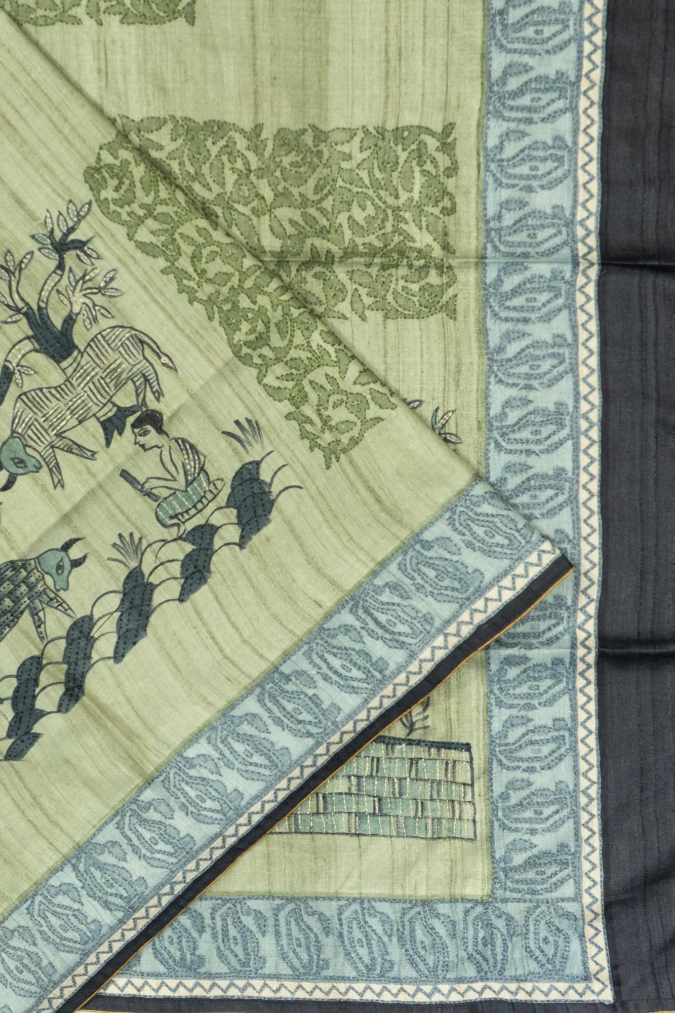 Tussar Printed With Kantha Work Pastel Green Saree