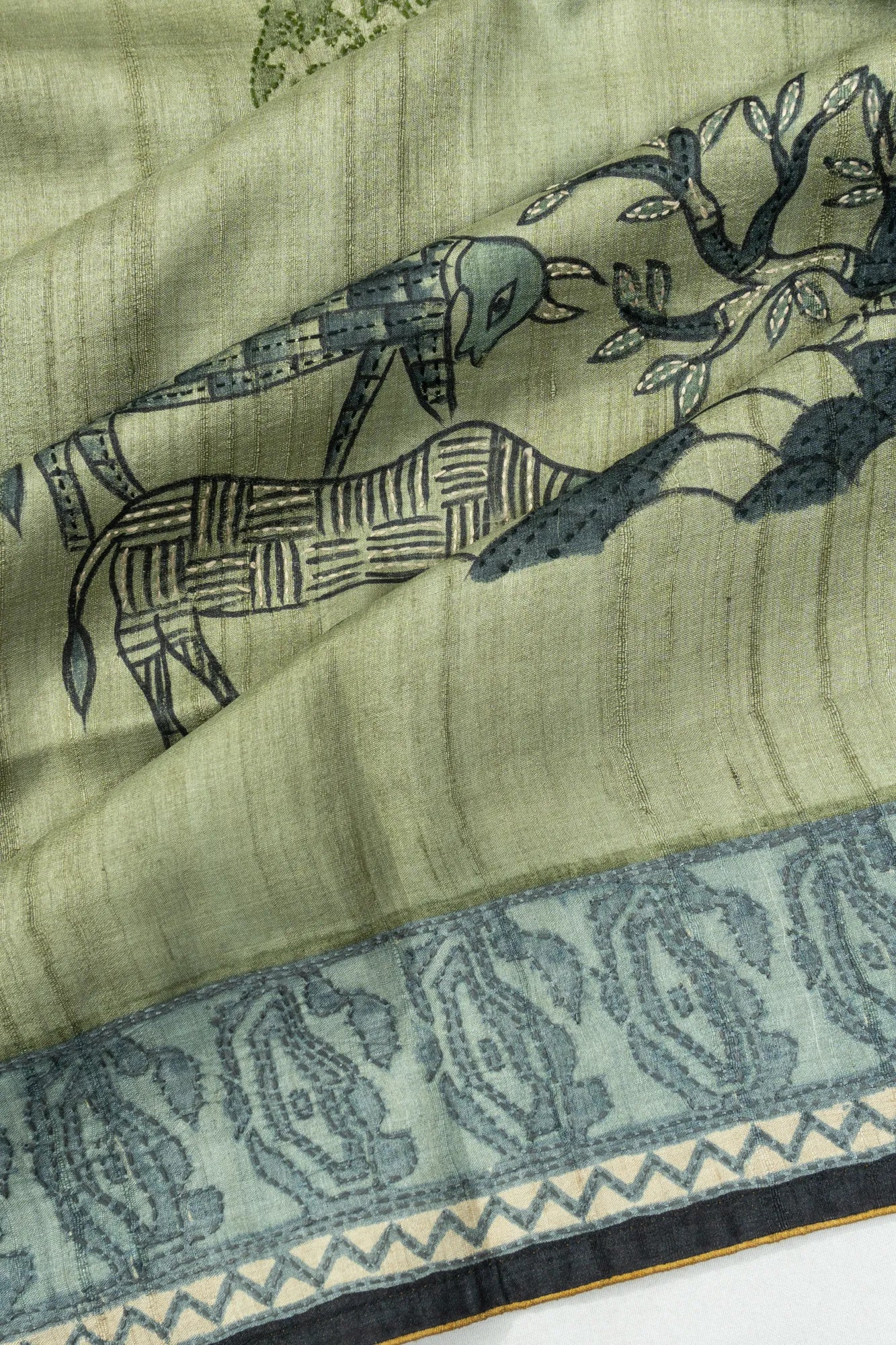 Tussar Printed With Kantha Work Pastel Green Saree