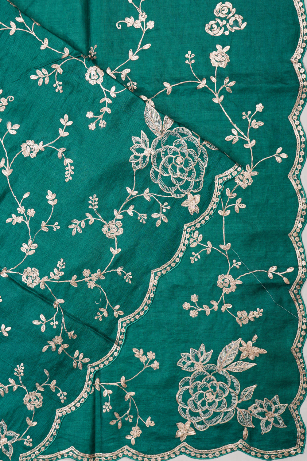 Tussar Embroidery Jaal Dark Green Saree With Scallop Border