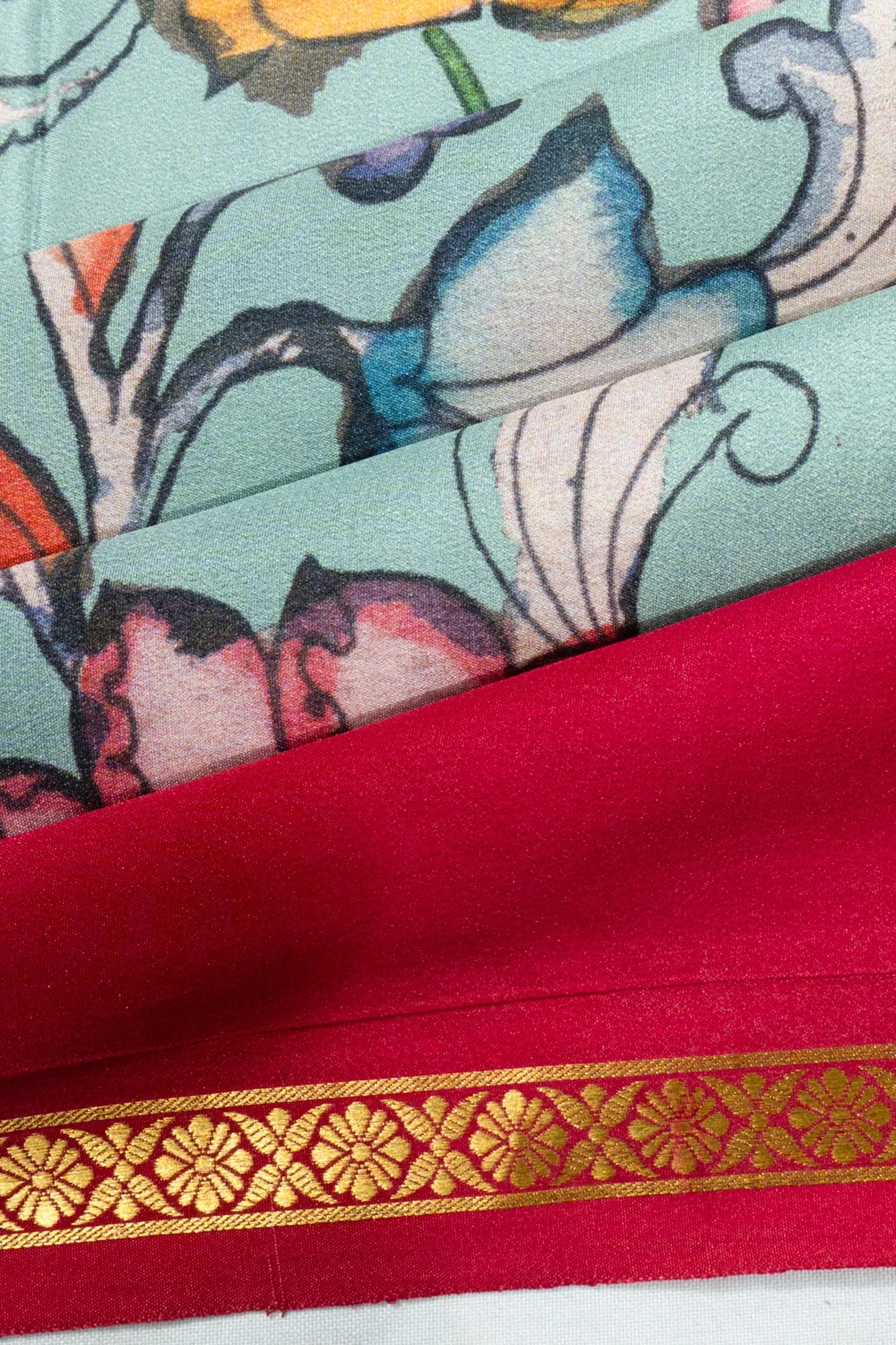 Binny Silk Kalamkari Hand Painted Pastel Blue Saree