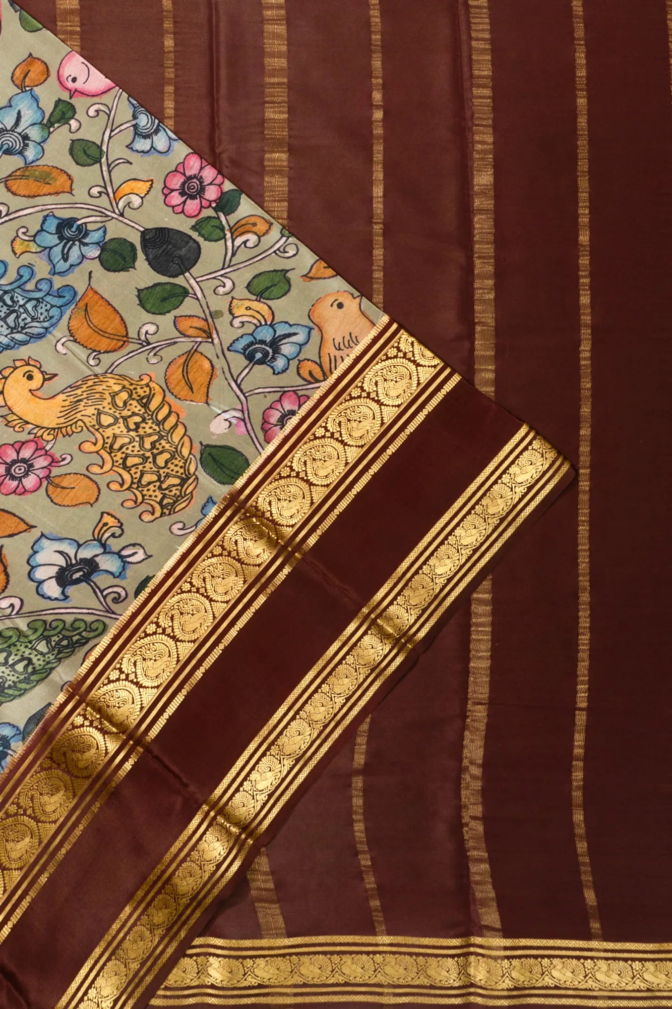 Binny Silk Kalamkari Hand Painted Grey Saree