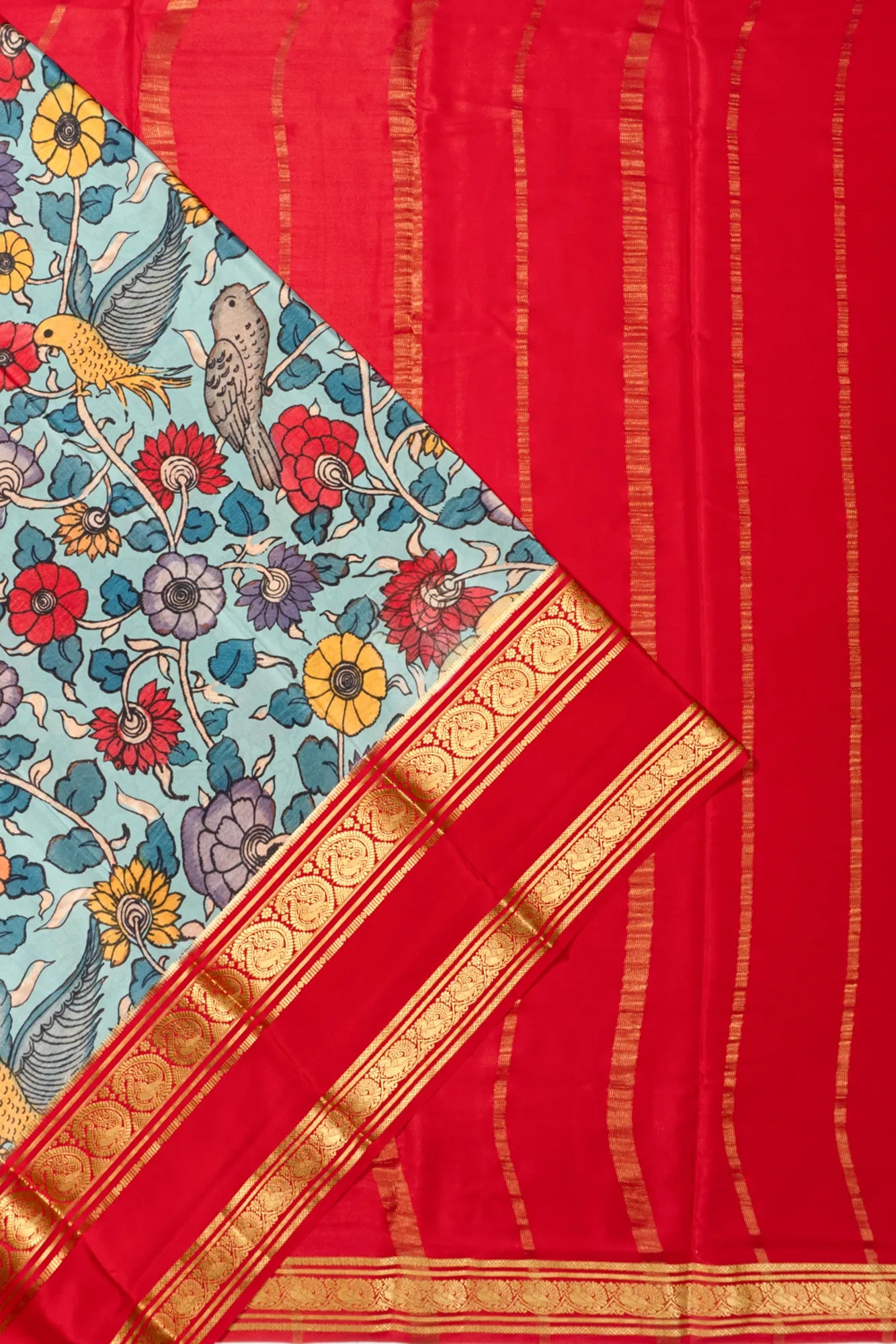 Binny Silk Kalamkari Hand Painted Pastel Blue Saree