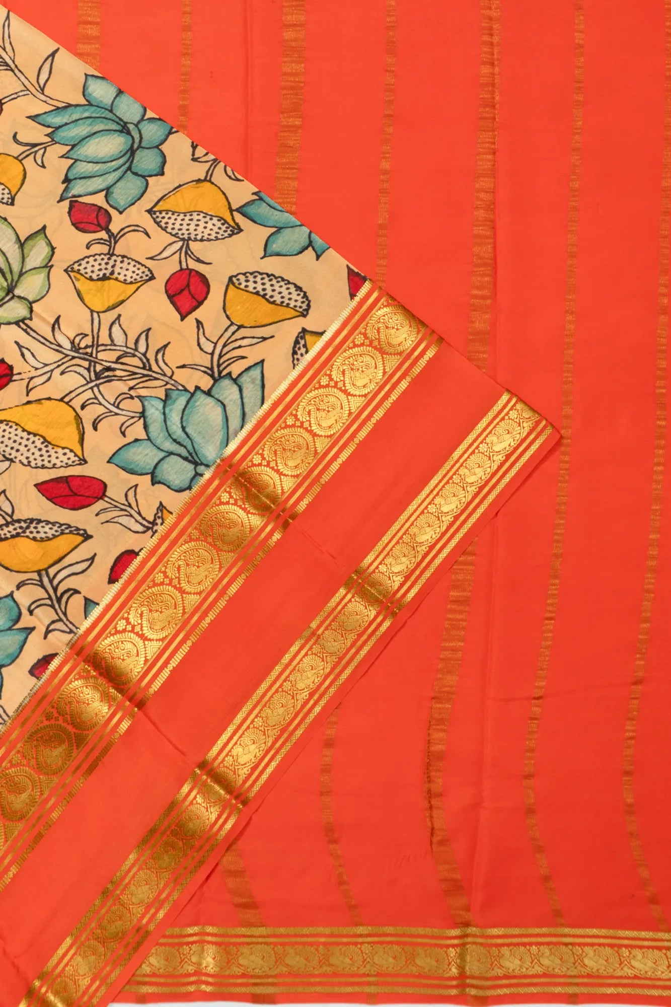 Binny Silk Kalamkari Hand Painted Cream Saree