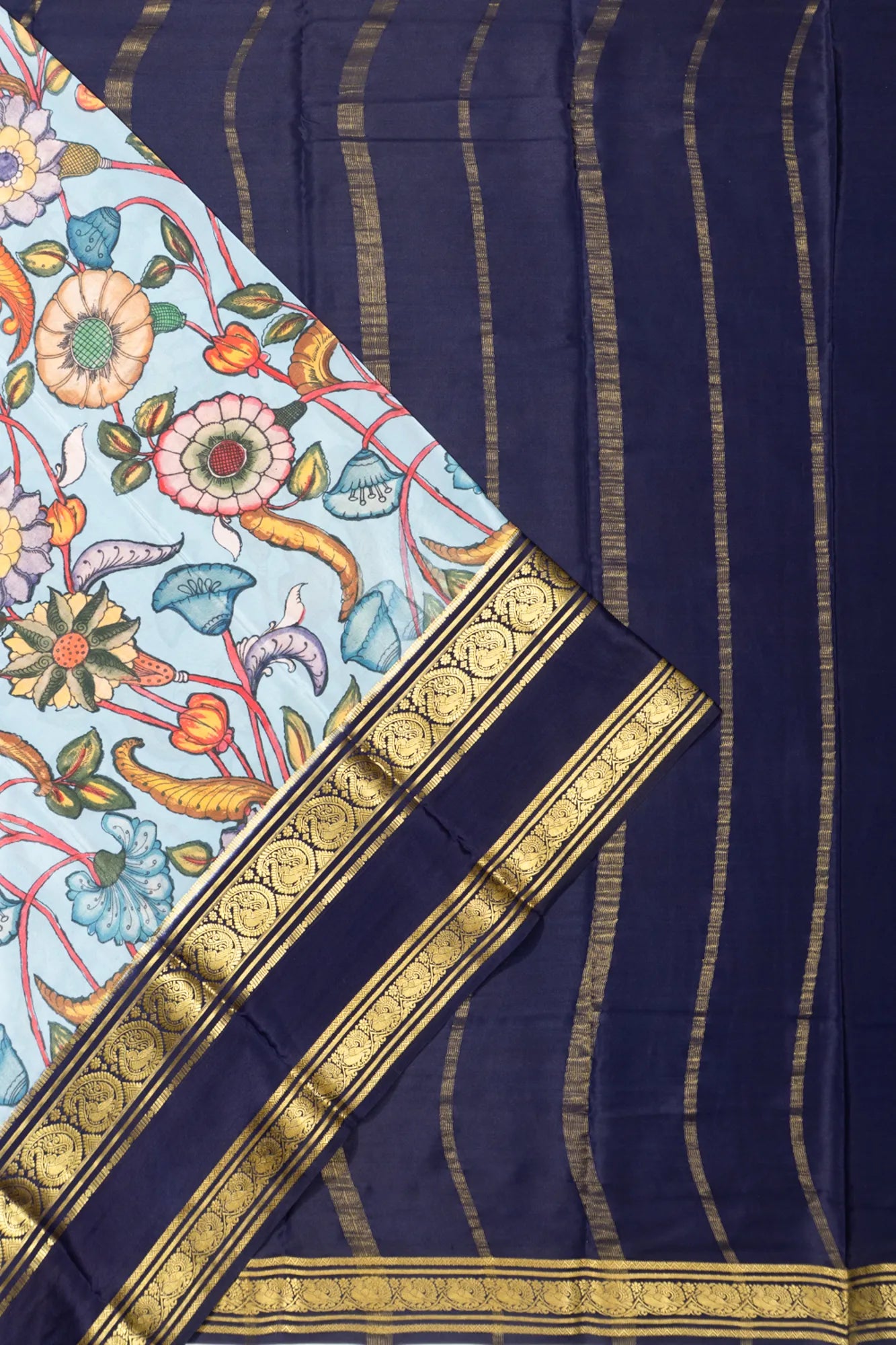 Binny Silk Kalamkari Hand Painted Pastel Blue Saree