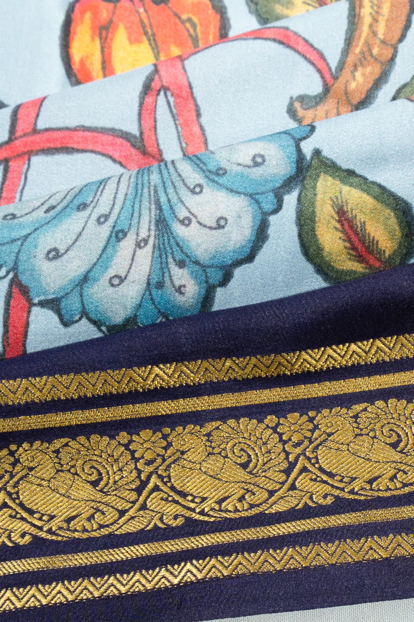 Binny Silk Kalamkari Hand Painted Pastel Blue Saree