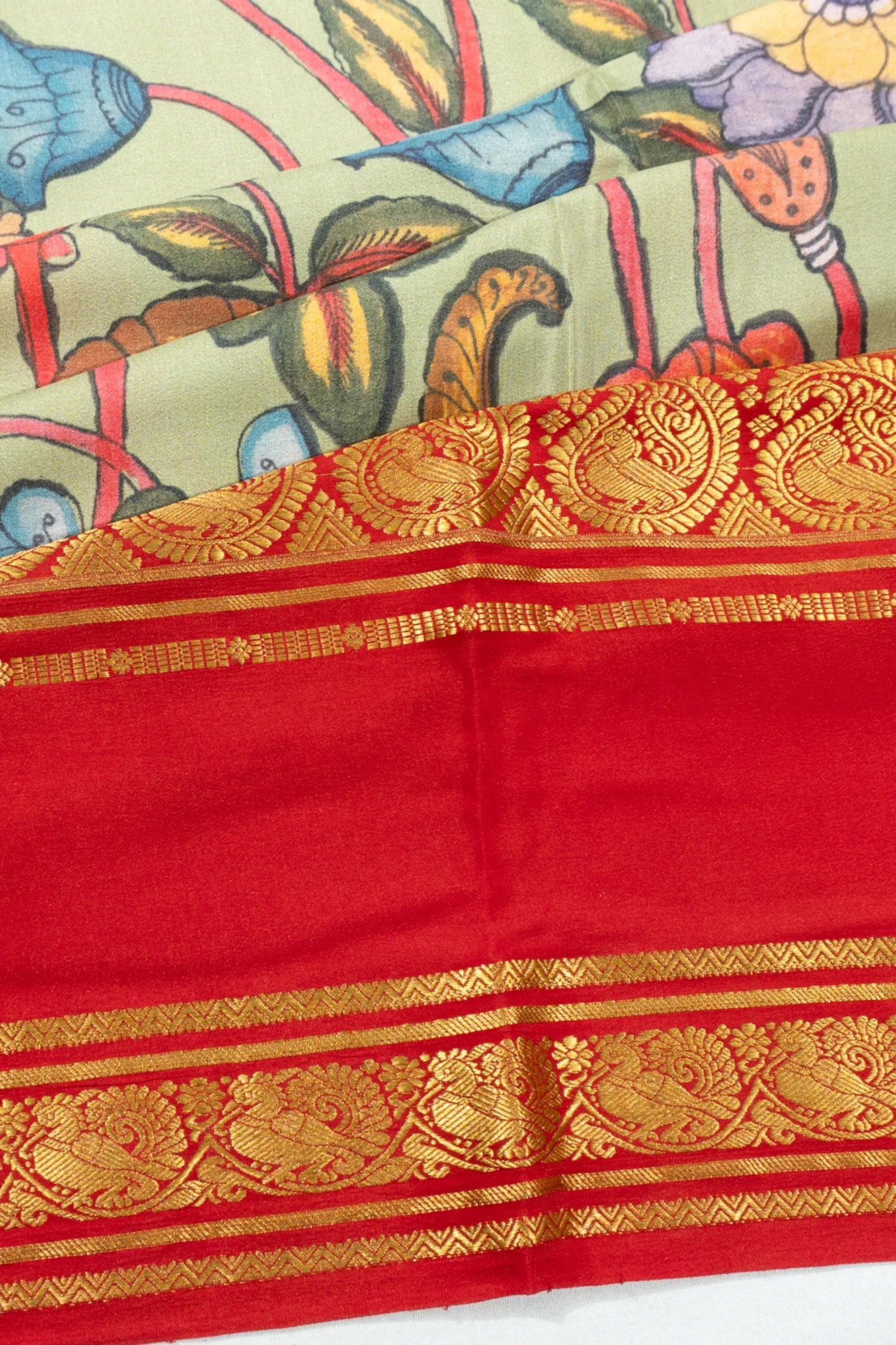 Binny Silk Kalamkari Hand Painted Pastel Green Saree