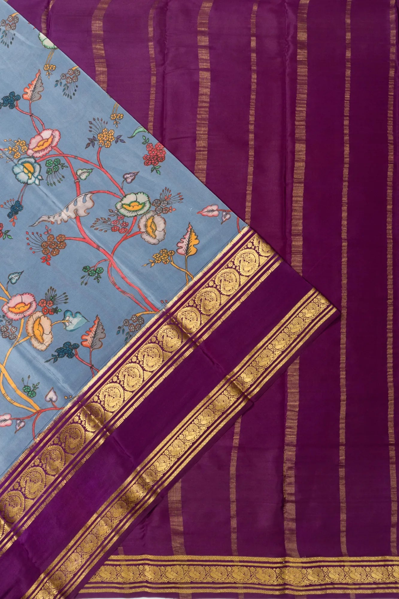 Binny Silk Kalamkari Hand Painted Pastel Blue Saree