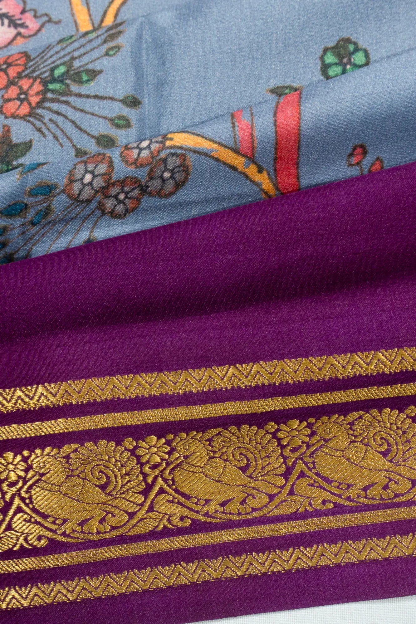 Binny Silk Kalamkari Hand Painted Pastel Blue Saree