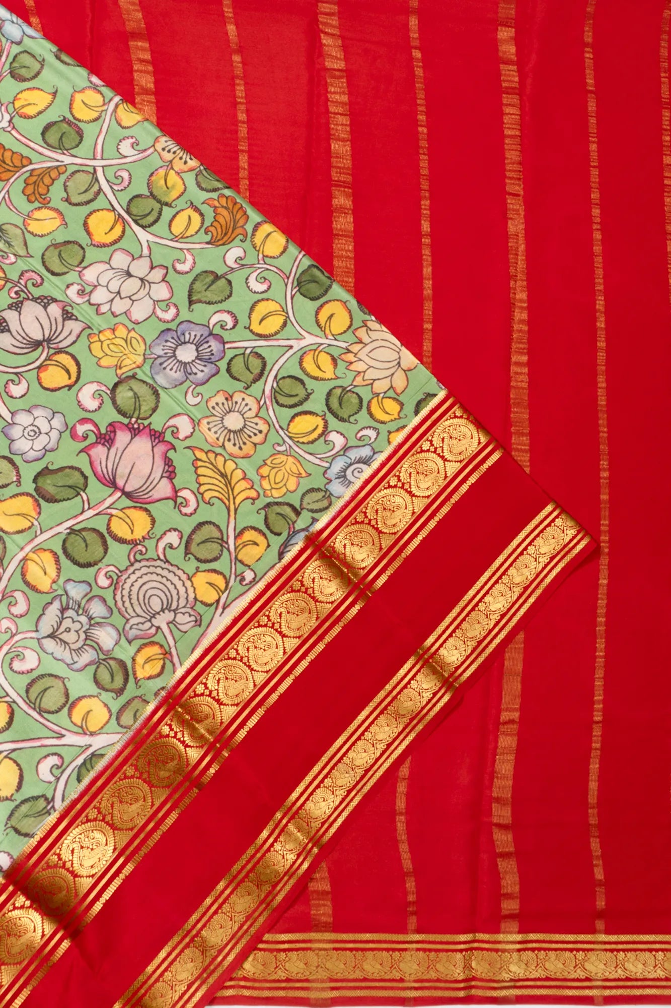 Binny Silk Kalamkari Hand Painted Pastel Green Saree