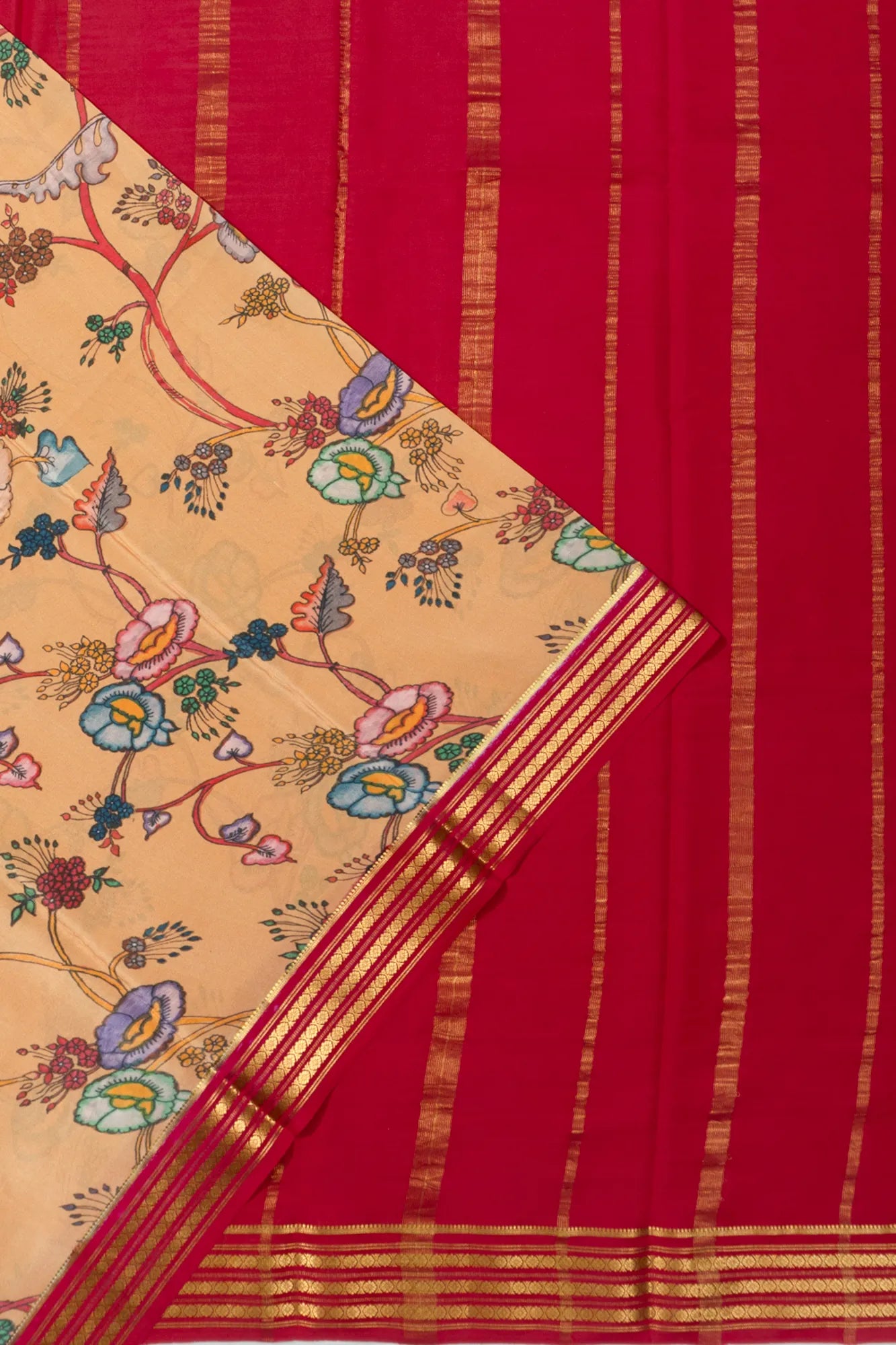 Binny Silk Kalamkari Hand Painted Cream Saree